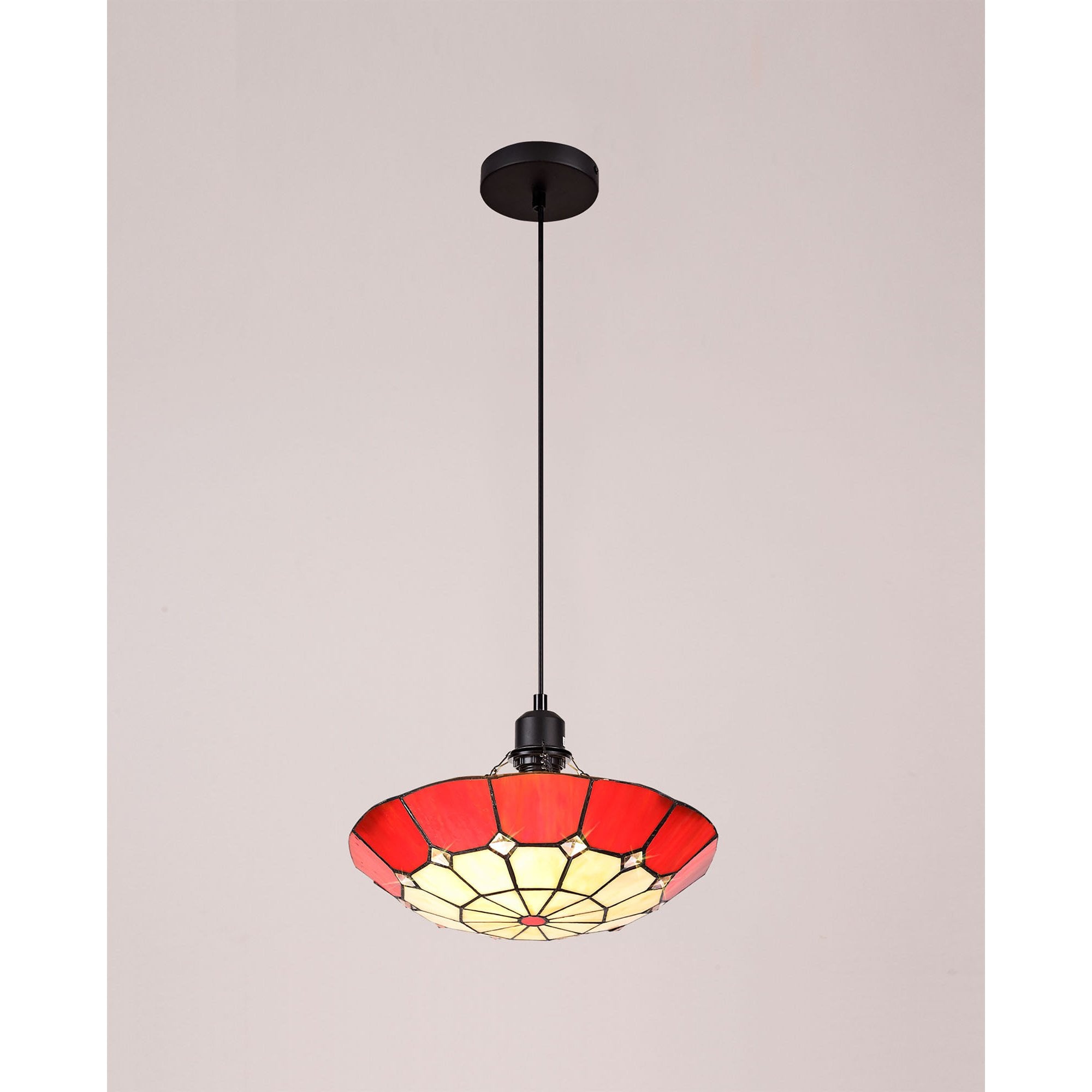NLK00059 Archie 1 Light Pendant With 35cm Tiffany Shade CRome/Red/Clear Crystal Centre/Aged Antique Brass Trim/Black