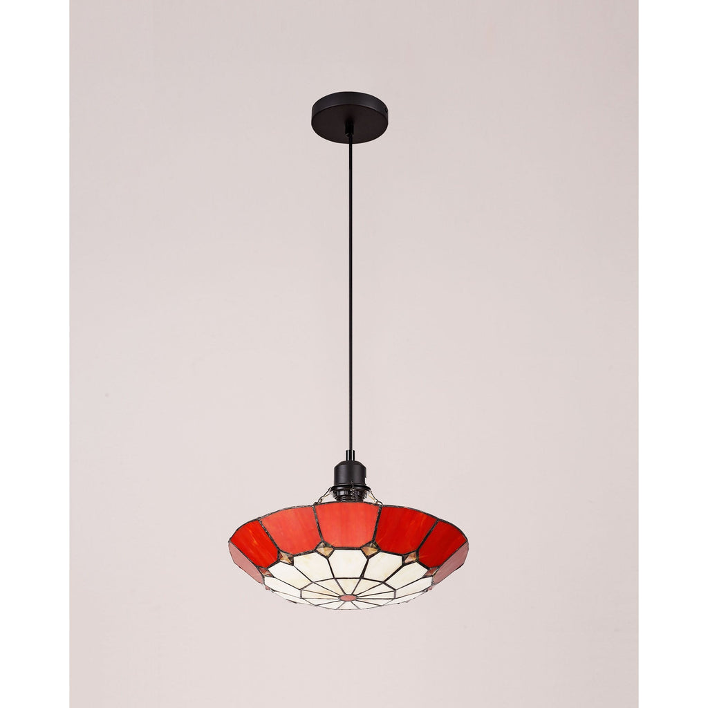 NLK00059 Archie 1 Light Pendant With 35cm Tiffany Shade CRome/Red/Clear Crystal Centre/Aged Antique Brass Trim/Black