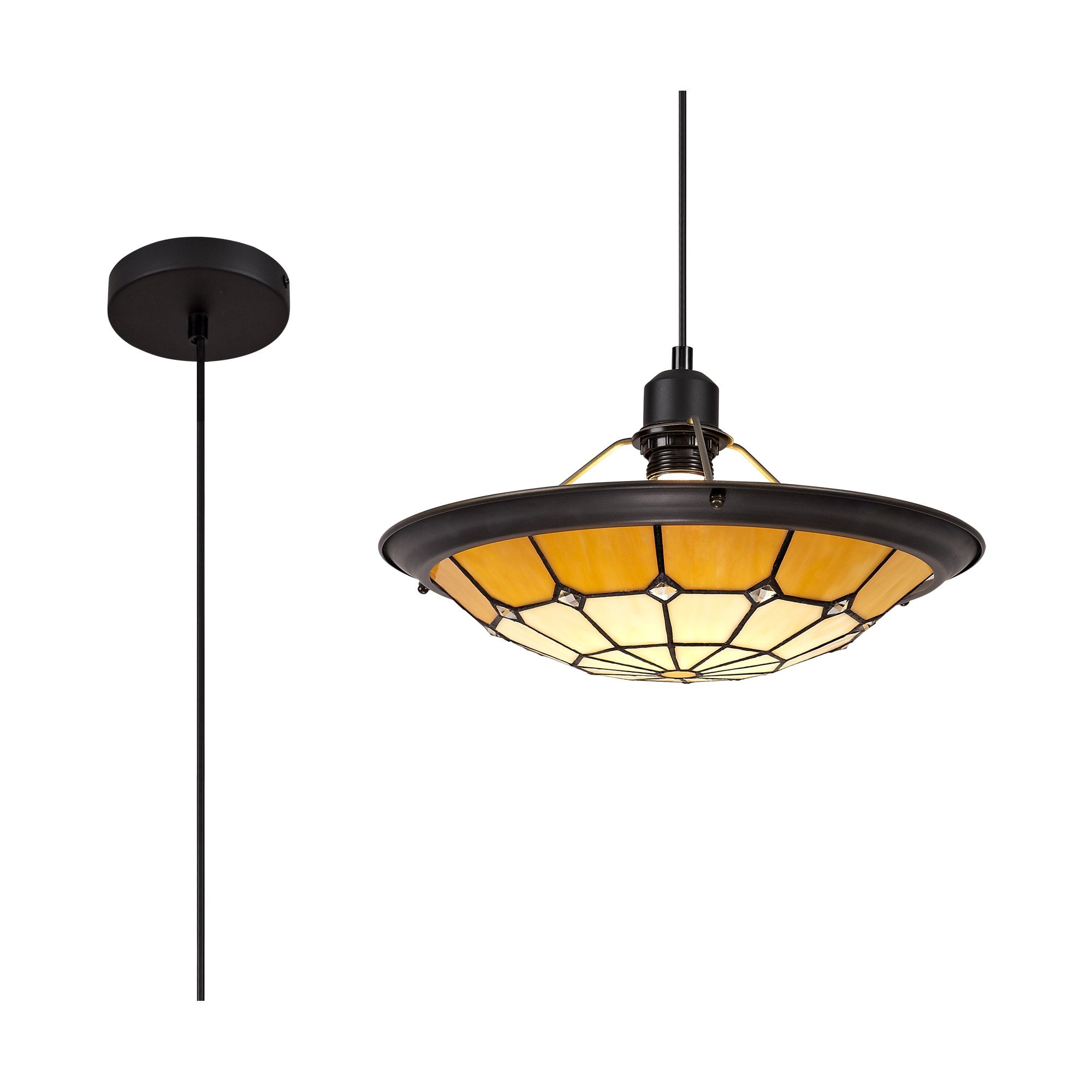 NLK00069 Archie 1 Light Pendant With 35cm Tiffany Shade CRome/Beige/Clear Crystal Centre/Aged Antique Brass Trim/Black