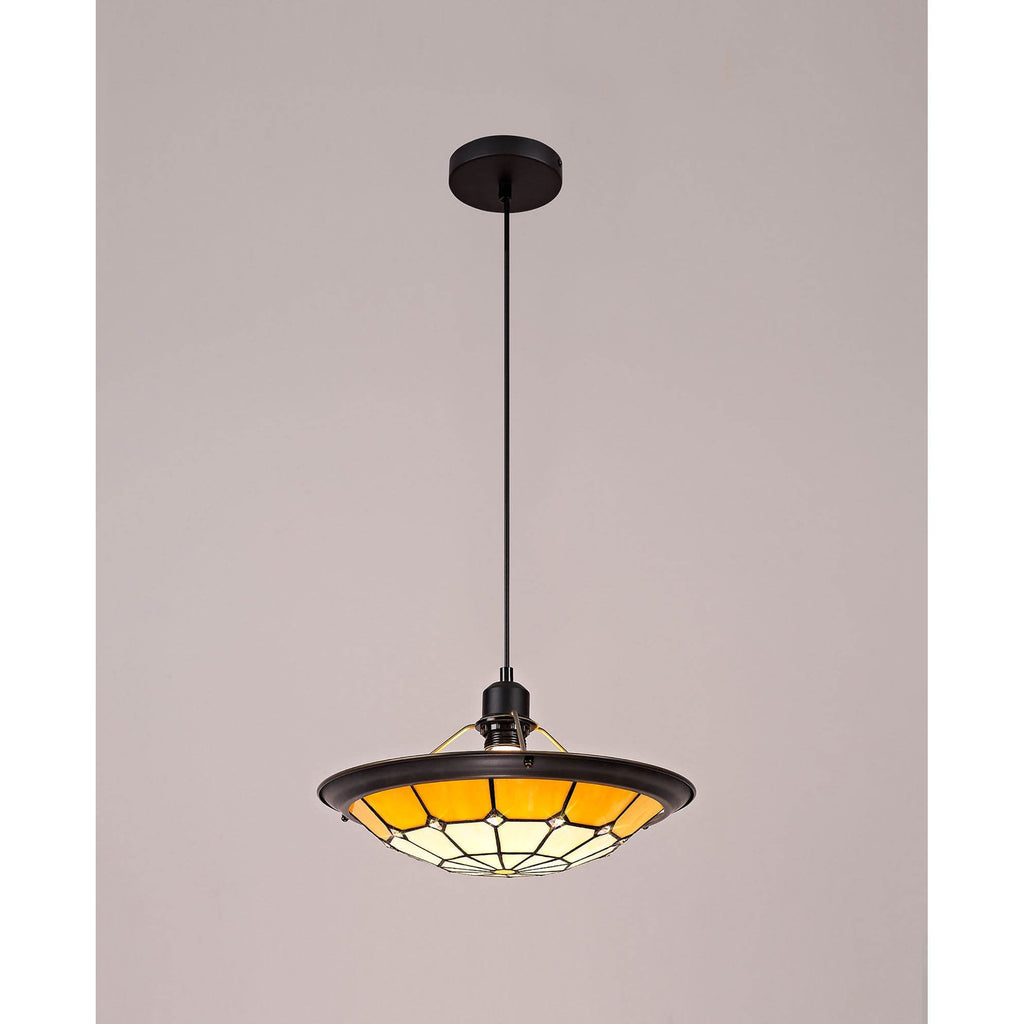 NLK00069 Archie 1 Light Pendant With 35cm Tiffany Shade CRome/Beige/Clear Crystal Centre/Aged Antique Brass Trim/Black