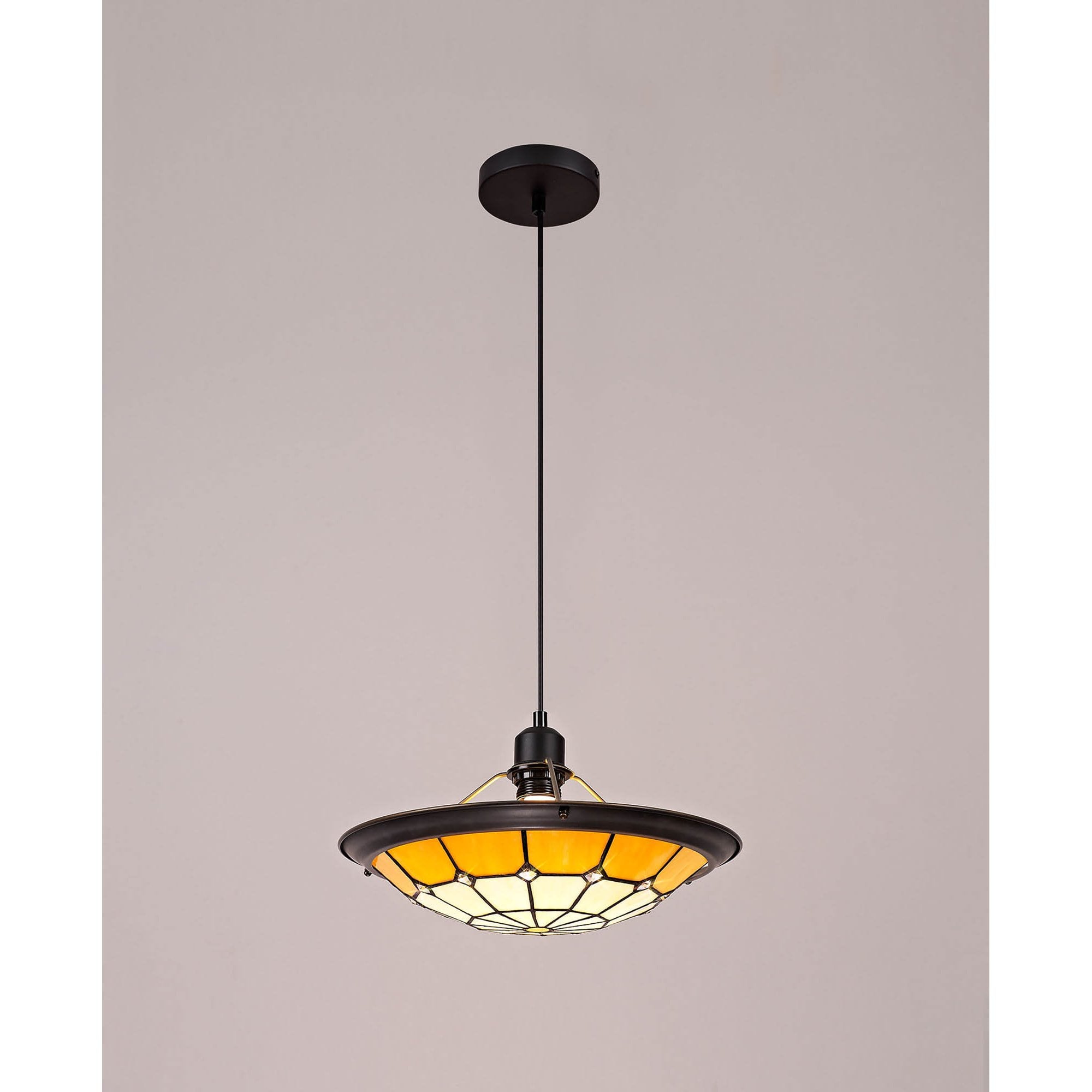 NLK00069 Archie 1 Light Pendant With 35cm Tiffany Shade CRome/Beige/Clear Crystal Centre/Aged Antique Brass Trim/Black