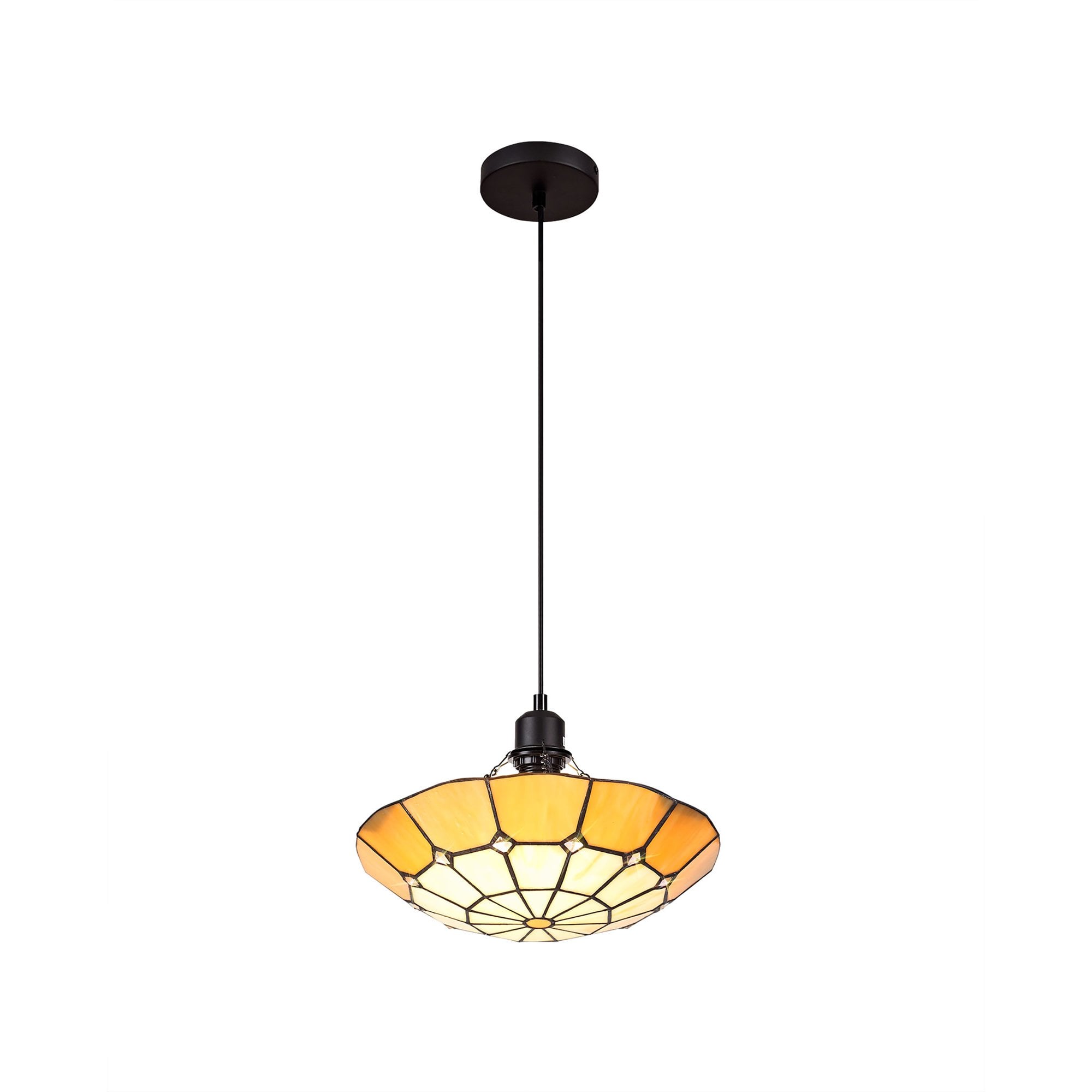 NLK00069 Archie 1 Light Pendant With 35cm Tiffany Shade CRome/Beige/Clear Crystal Centre/Aged Antique Brass Trim/Black