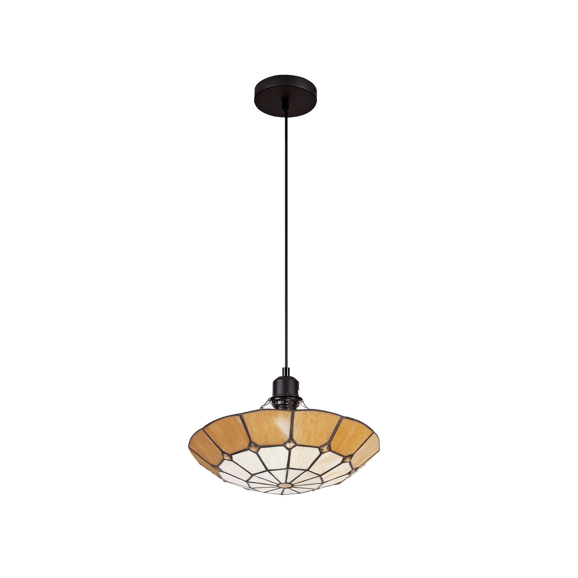NLK00069 Archie 1 Light Pendant With 35cm Tiffany Shade CRome/Beige/Clear Crystal Centre/Aged Antique Brass Trim/Black