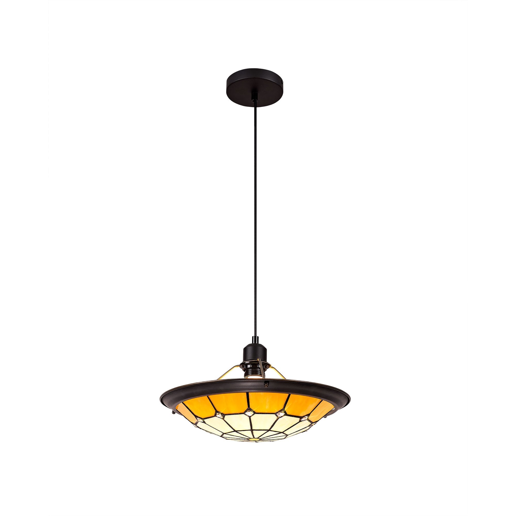 NLK00069 Archie 1 Light Pendant With 35cm Tiffany Shade CRome/Beige/Clear Crystal Centre/Aged Antique Brass Trim/Black