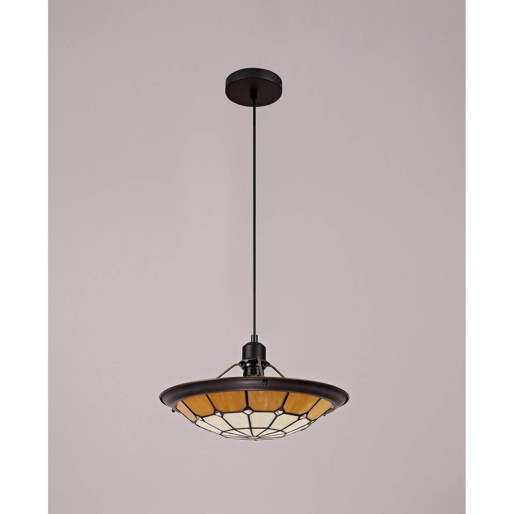 NLK00069 Archie 1 Light Pendant With 35cm Tiffany Shade CRome/Beige/Clear Crystal Centre/Aged Antique Brass Trim/Black