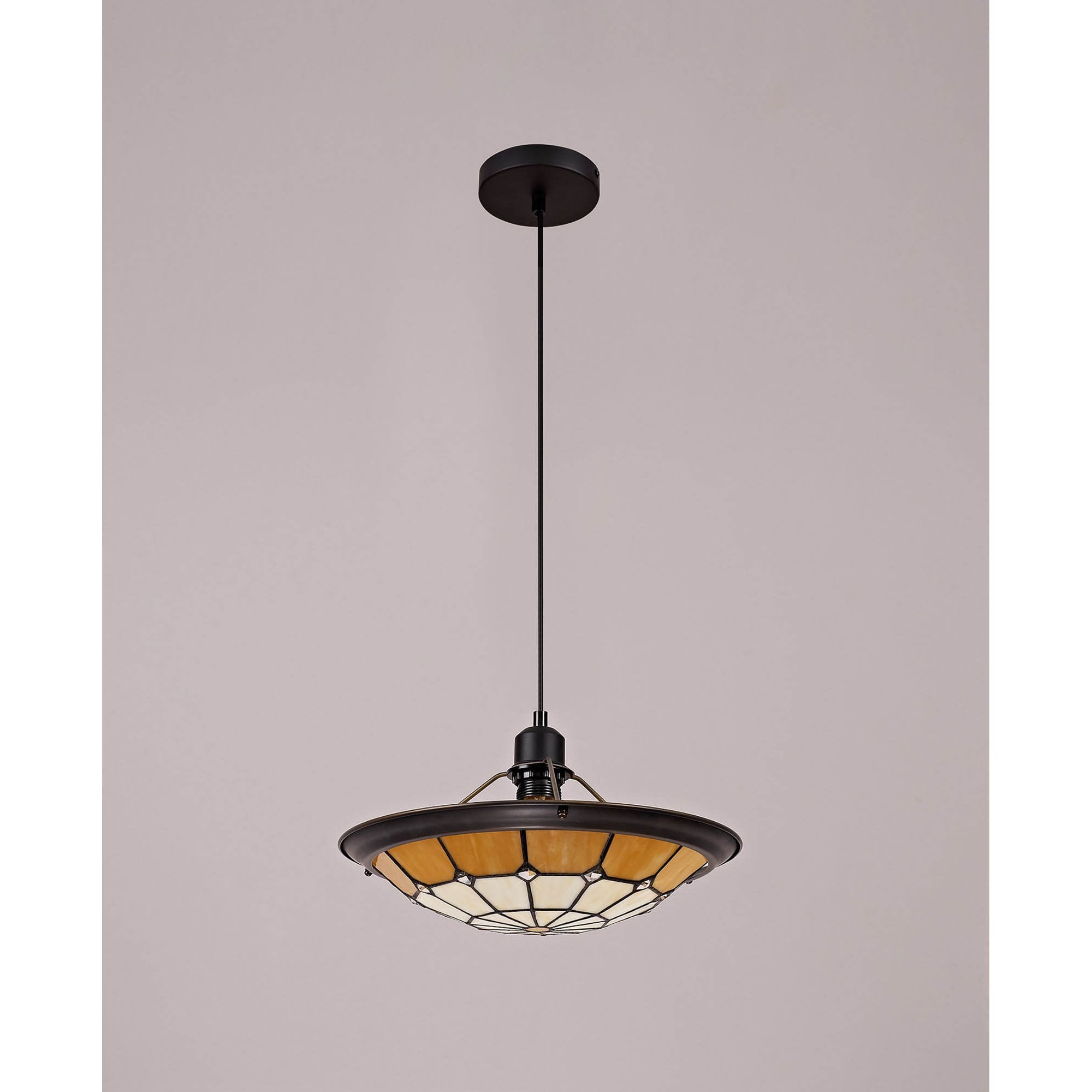 NLK00069 Archie 1 Light Pendant With 35cm Tiffany Shade CRome/Beige/Clear Crystal Centre/Aged Antique Brass Trim/Black