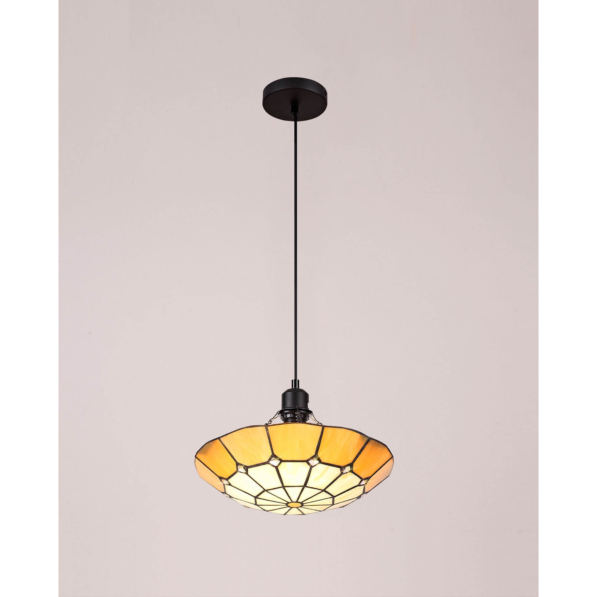 NLK00069 Archie 1 Light Pendant With 35cm Tiffany Shade CRome/Beige/Clear Crystal Centre/Aged Antique Brass Trim/Black