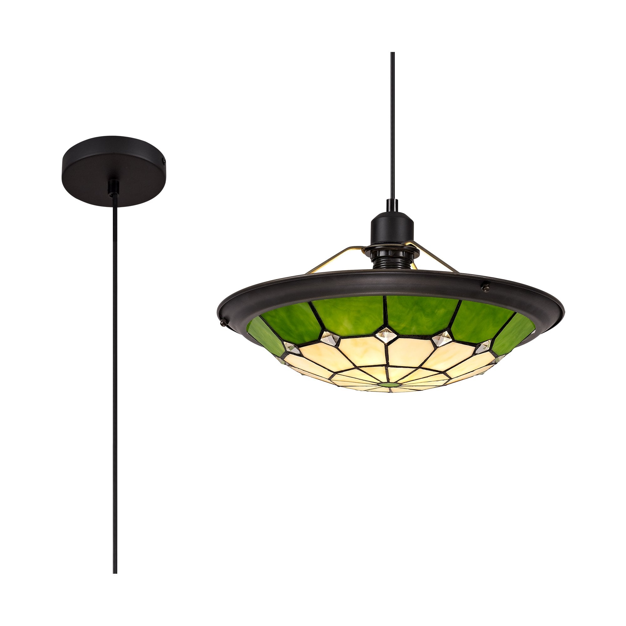 NLK00079 Archie 1 Light Pendant With 35cm Tiffany Shade CRome/Green/Clear Crystal Centre/Aged Antique Brass Trim/Black