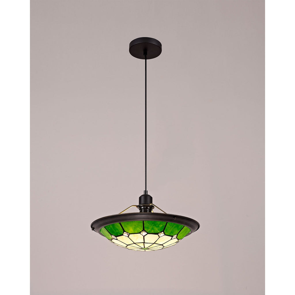 NLK00079 Archie 1 Light Pendant With 35cm Tiffany Shade CRome/Green/Clear Crystal Centre/Aged Antique Brass Trim/Black