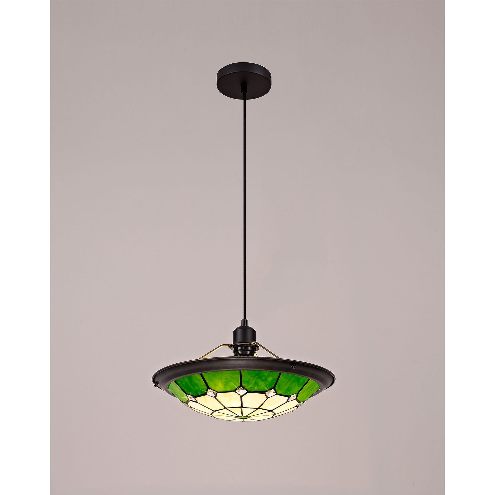 NLK00079 Archie 1 Light Pendant With 35cm Tiffany Shade CRome/Green/Clear Crystal Centre/Aged Antique Brass Trim/Black