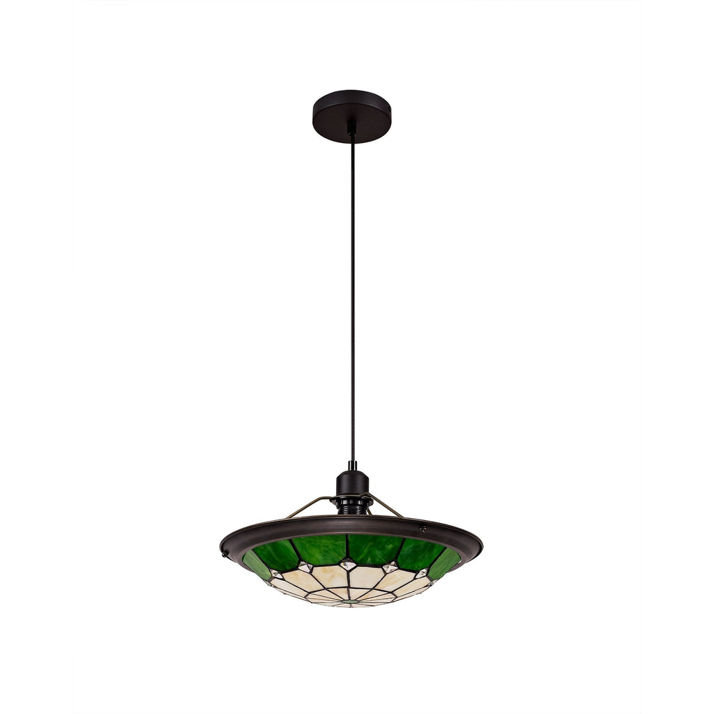 NLK00079 Archie 1 Light Pendant With 35cm Tiffany Shade CRome/Green/Clear Crystal Centre/Aged Antique Brass Trim/Black