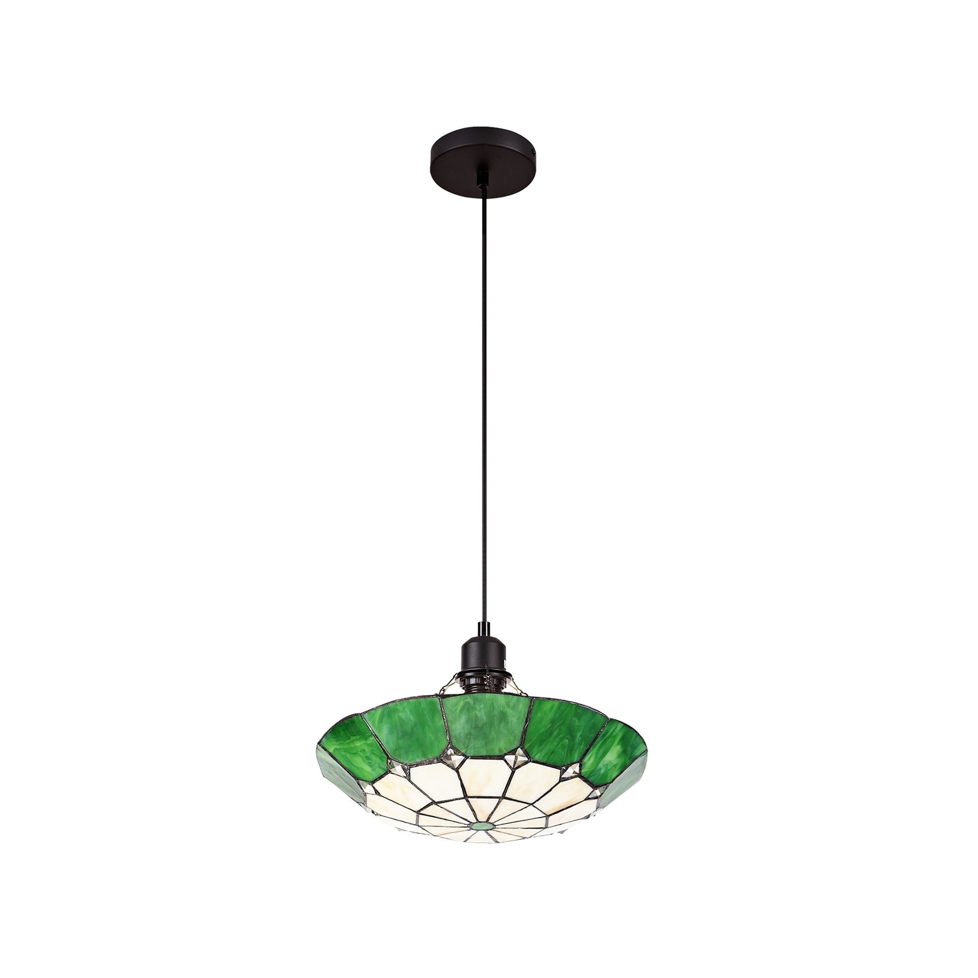 NLK00079 Archie 1 Light Pendant With 35cm Tiffany Shade CRome/Green/Clear Crystal Centre/Aged Antique Brass Trim/Black