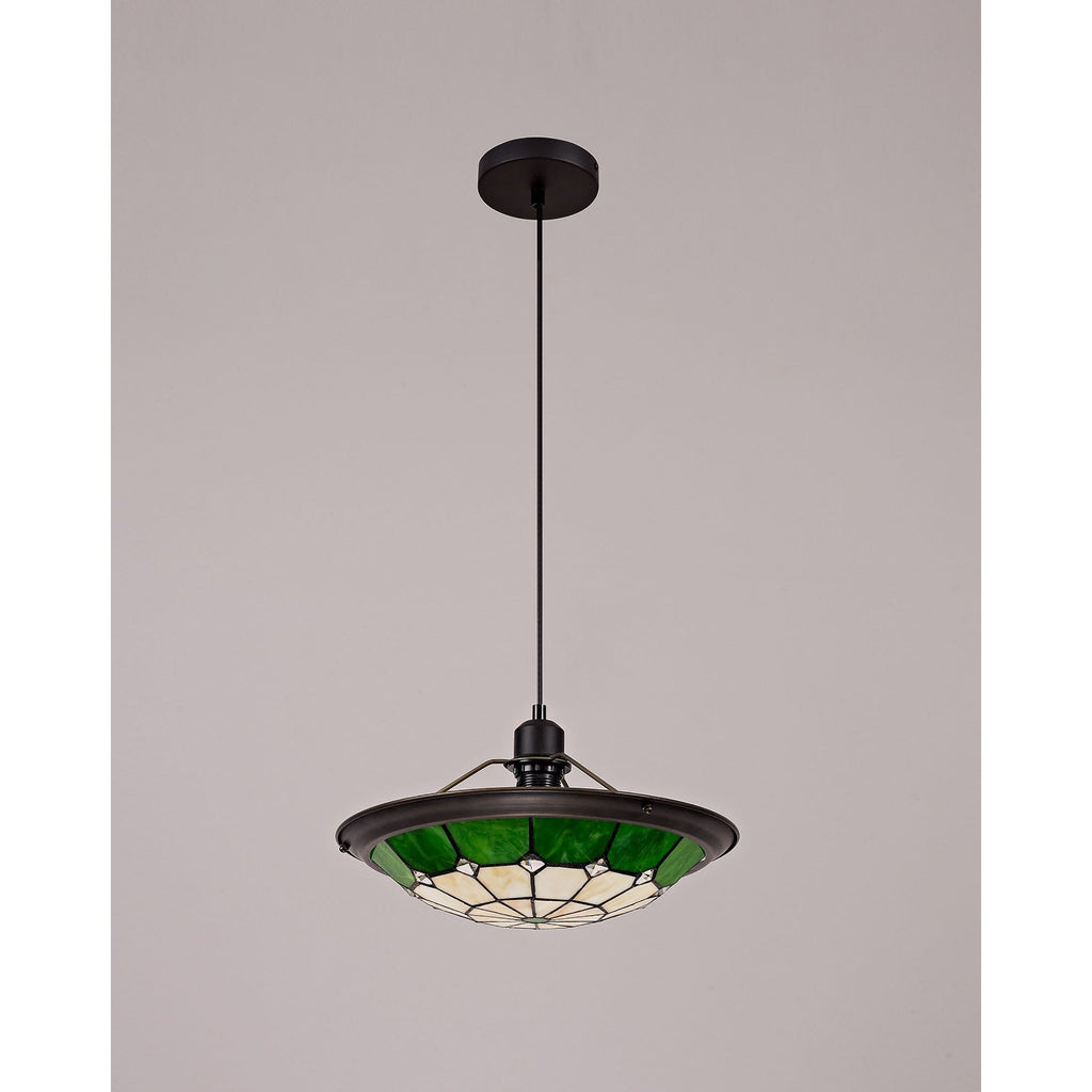 NLK00079 Archie 1 Light Pendant With 35cm Tiffany Shade CRome/Green/Clear Crystal Centre/Aged Antique Brass Trim/Black