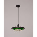NLK00079 Archie 1 Light Pendant With 35cm Tiffany Shade CRome/Green/Clear Crystal Centre/Aged Antique Brass Trim/Black