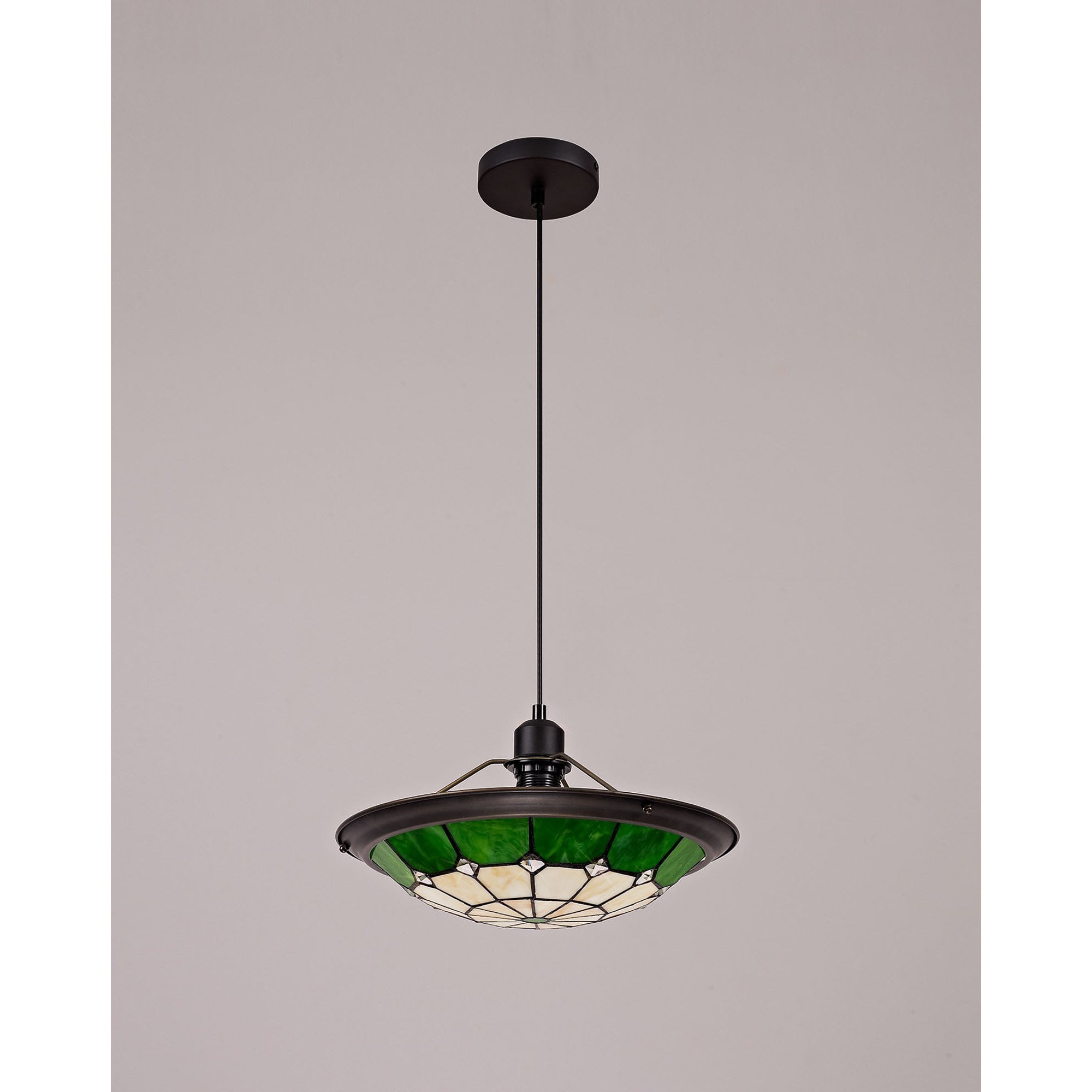 NLK00079 Archie 1 Light Pendant With 35cm Tiffany Shade CRome/Green/Clear Crystal Centre/Aged Antique Brass Trim/Black