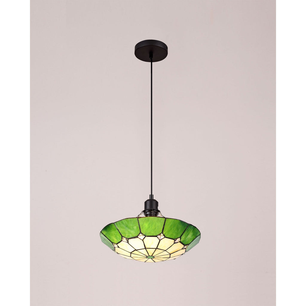 NLK00079 Archie 1 Light Pendant With 35cm Tiffany Shade CRome/Green/Clear Crystal Centre/Aged Antique Brass Trim/Black