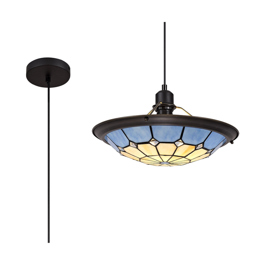 NLK00089 Archie 1 Light Pendant With 35cm Tiffany Shade CRome/Rich Blue/Clear Crystal Centre/Aged Antique Brass Trim/Black