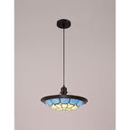NLK00089 Archie 1 Light Pendant With 35cm Tiffany Shade CRome/Rich Blue/Clear Crystal Centre/Aged Antique Brass Trim/Black