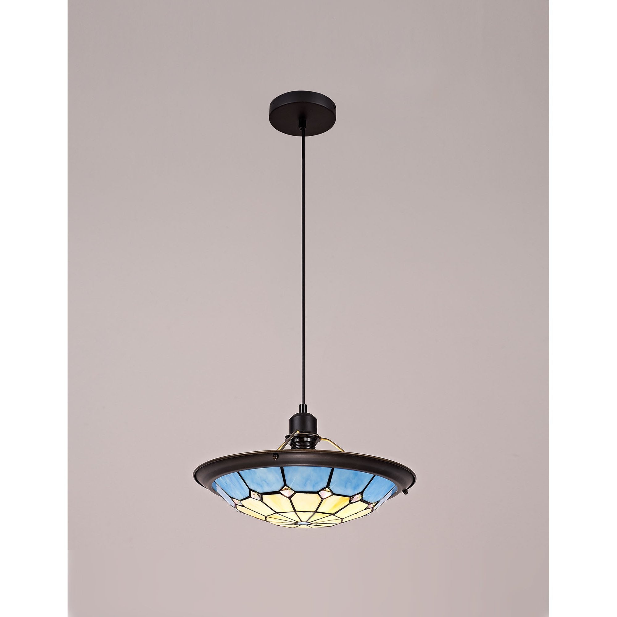 NLK00089 Archie 1 Light Pendant With 35cm Tiffany Shade CRome/Rich Blue/Clear Crystal Centre/Aged Antique Brass Trim/Black