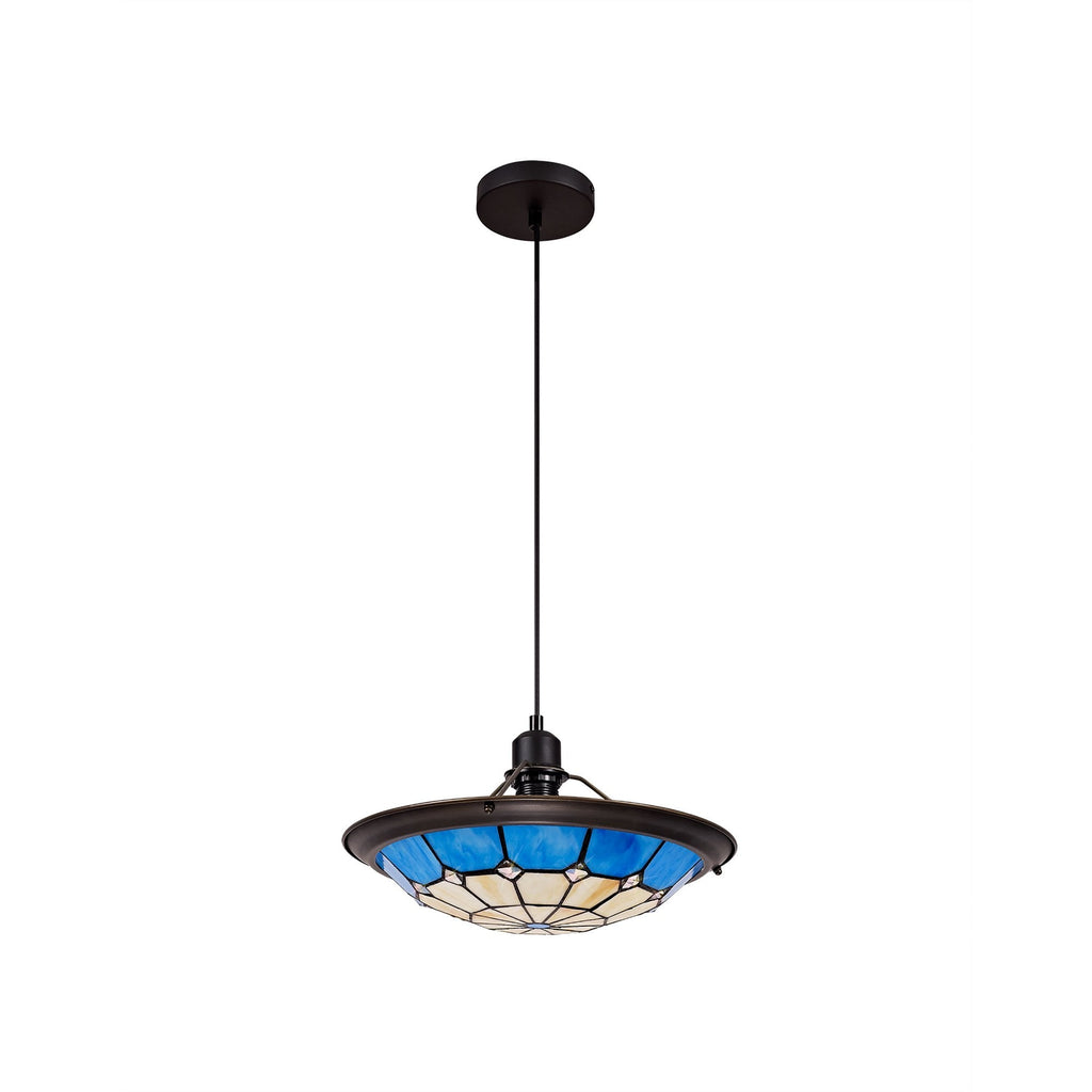 NLK00089 Archie 1 Light Pendant With 35cm Tiffany Shade CRome/Rich Blue/Clear Crystal Centre/Aged Antique Brass Trim/Black