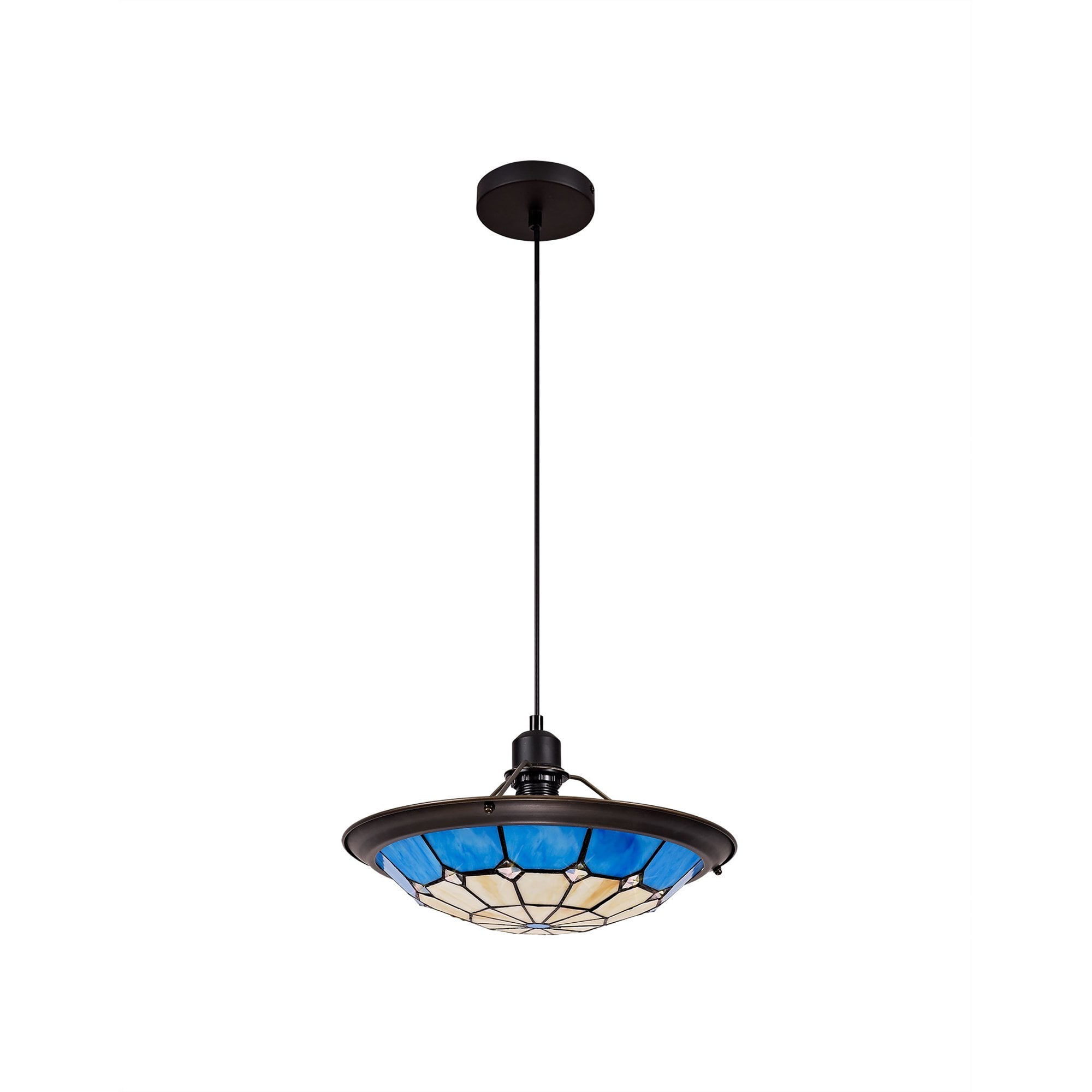 NLK00089 Archie 1 Light Pendant With 35cm Tiffany Shade CRome/Rich Blue/Clear Crystal Centre/Aged Antique Brass Trim/Black