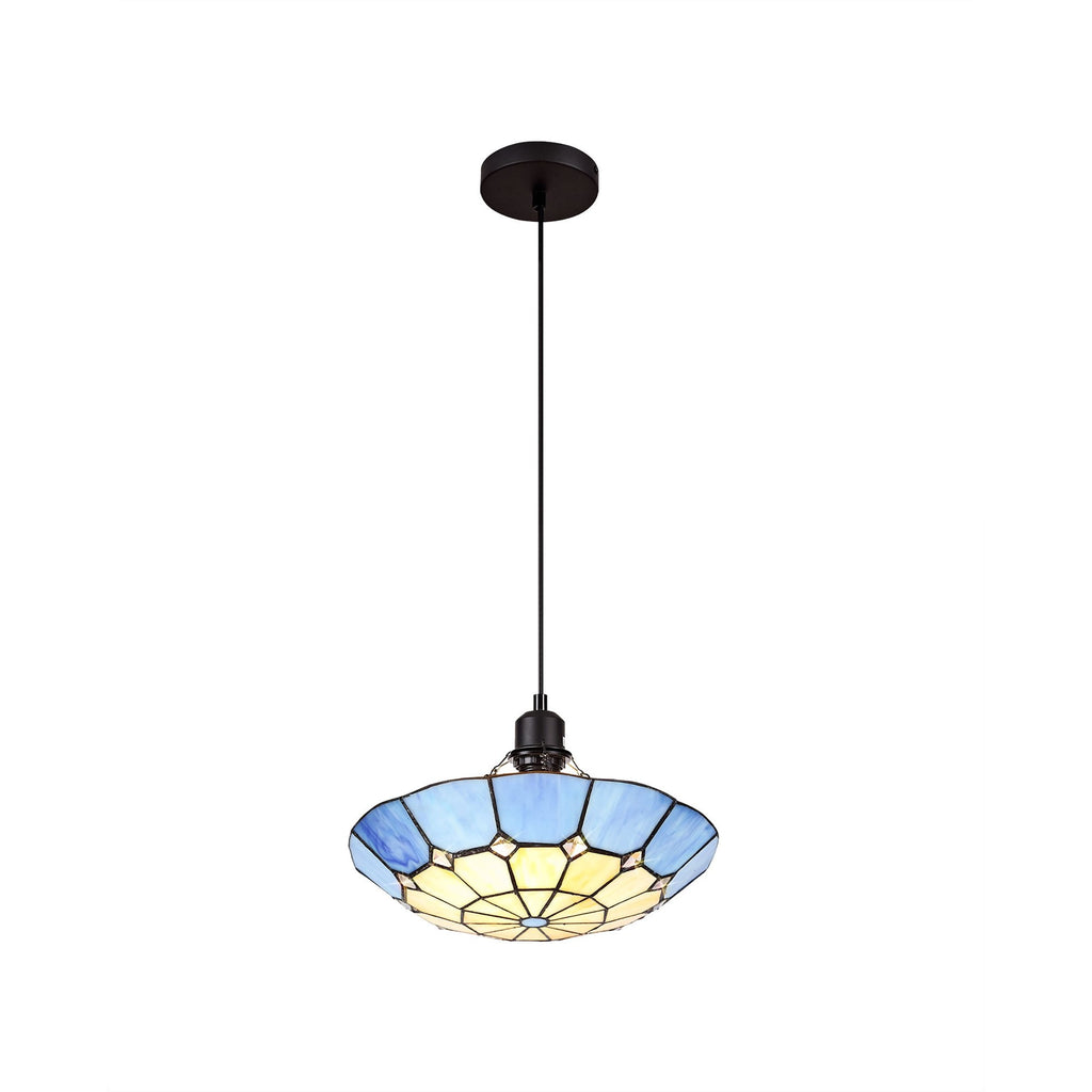 NLK00089 Archie 1 Light Pendant With 35cm Tiffany Shade CRome/Rich Blue/Clear Crystal Centre/Aged Antique Brass Trim/Black