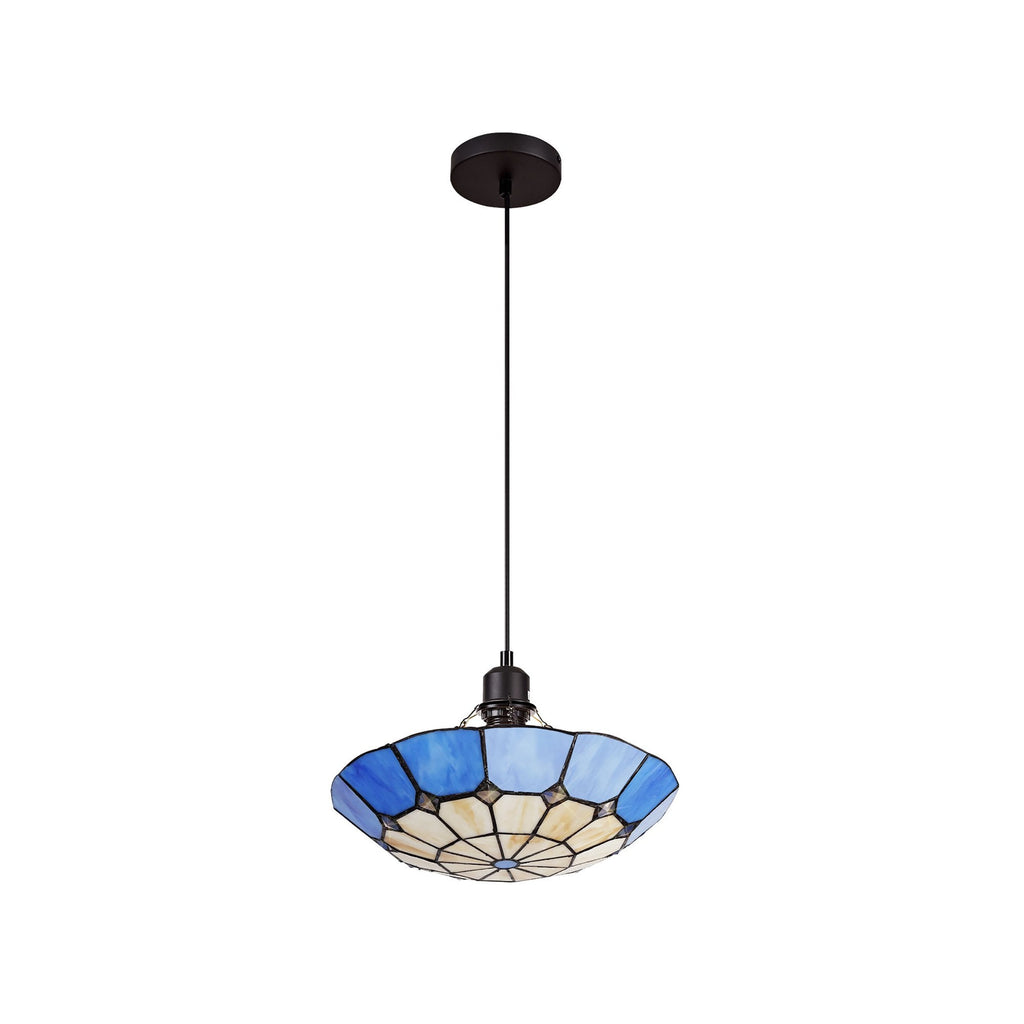 NLK00089 Archie 1 Light Pendant With 35cm Tiffany Shade CRome/Rich Blue/Clear Crystal Centre/Aged Antique Brass Trim/Black