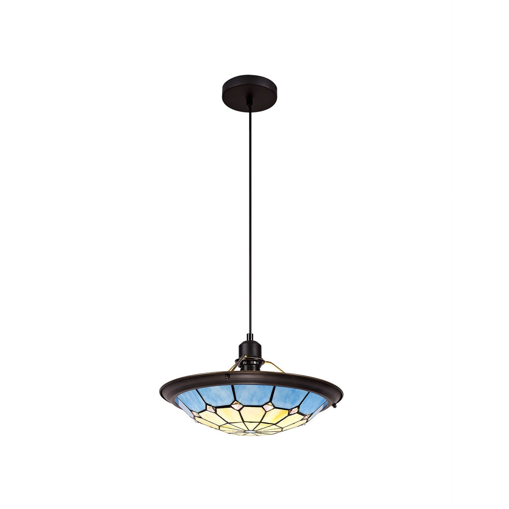 NLK00089 Archie 1 Light Pendant With 35cm Tiffany Shade CRome/Rich Blue/Clear Crystal Centre/Aged Antique Brass Trim/Black