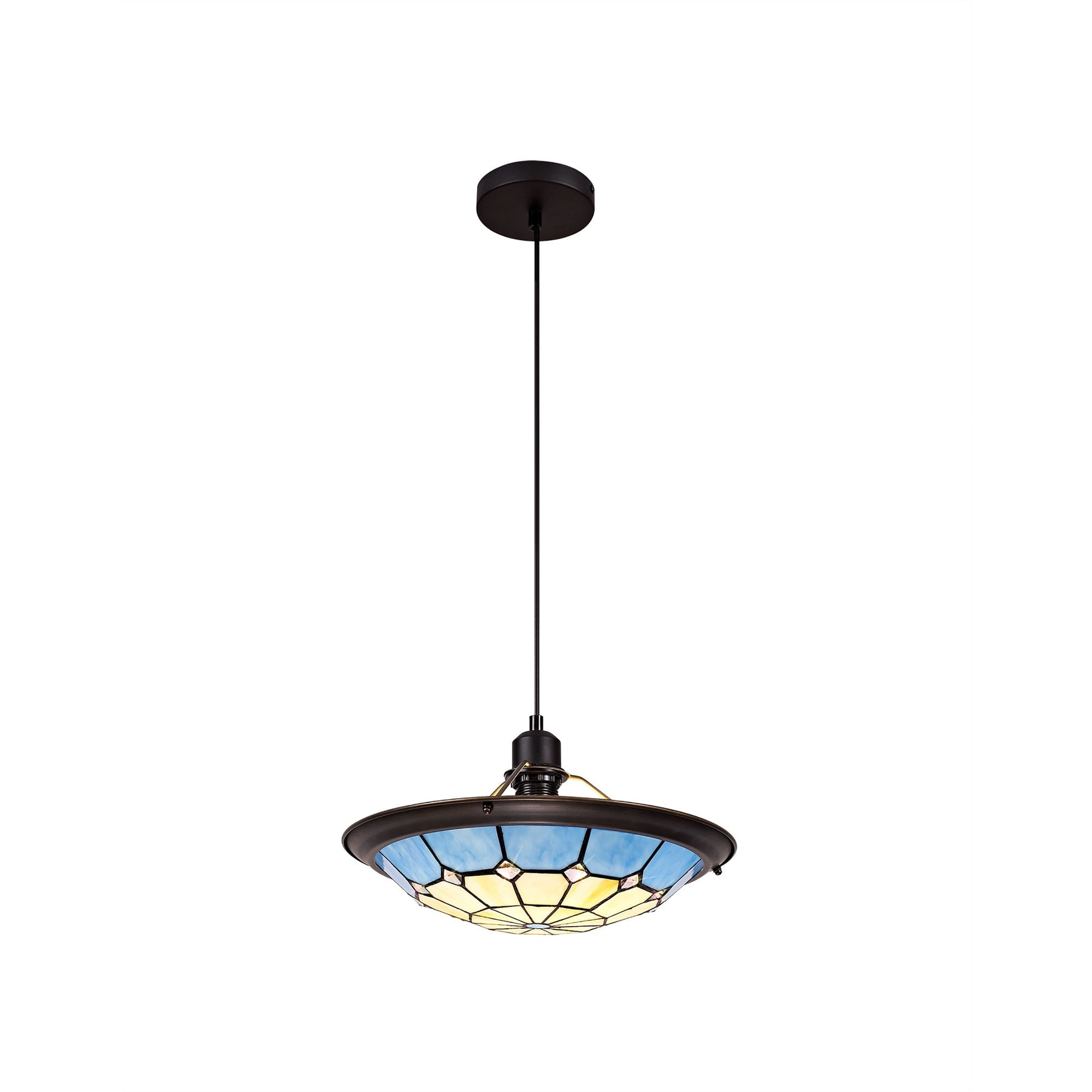 NLK00089 Archie 1 Light Pendant With 35cm Tiffany Shade CRome/Rich Blue/Clear Crystal Centre/Aged Antique Brass Trim/Black
