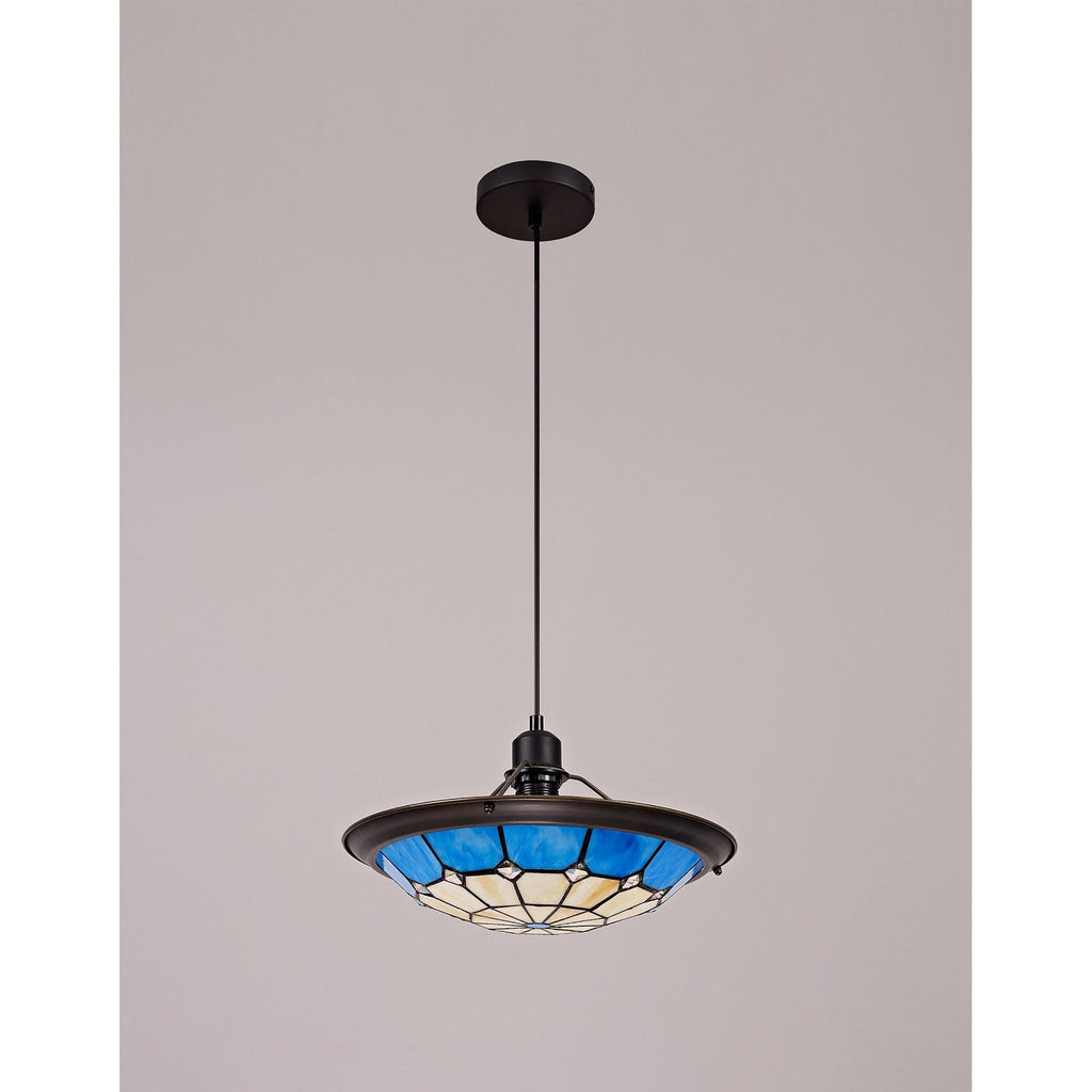 NLK00089 Archie 1 Light Pendant With 35cm Tiffany Shade CRome/Rich Blue/Clear Crystal Centre/Aged Antique Brass Trim/Black