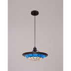NLK00089 Archie 1 Light Pendant With 35cm Tiffany Shade CRome/Rich Blue/Clear Crystal Centre/Aged Antique Brass Trim/Black