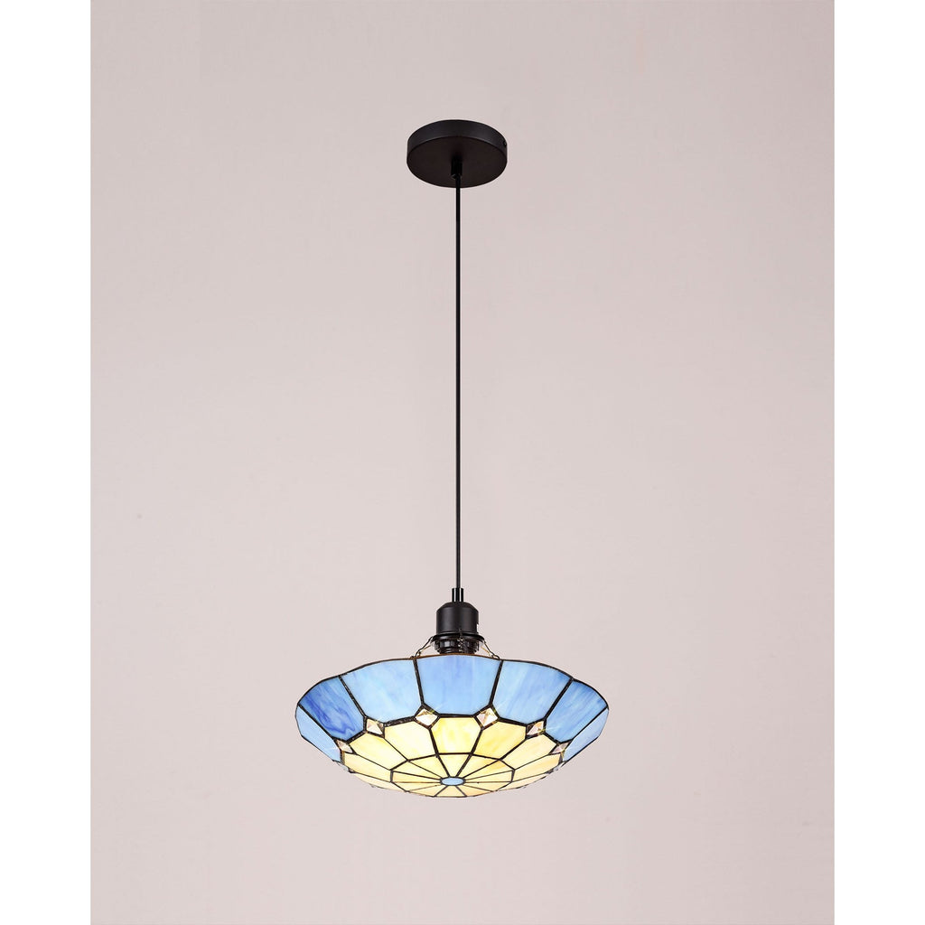 NLK00089 Archie 1 Light Pendant With 35cm Tiffany Shade CRome/Rich Blue/Clear Crystal Centre/Aged Antique Brass Trim/Black