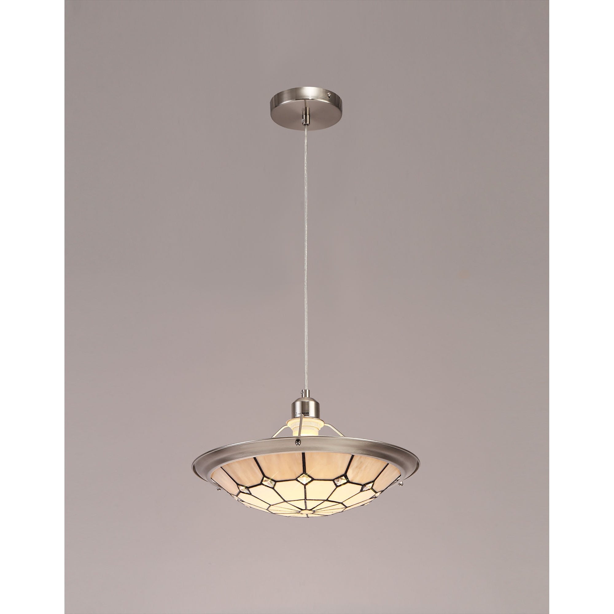 NLK00099 Archie 1 Light Pendant With 35cm Tiffany Shade CRome/Grey/Crystal Centre/Satin Nickel Brass Trim/Satin Nickel