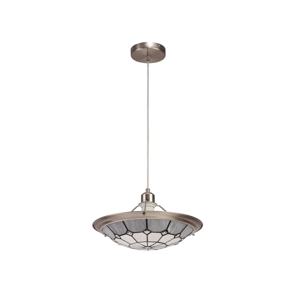 NLK00099 Archie 1 Light Pendant With 35cm Tiffany Shade CRome/Grey/Crystal Centre/Satin Nickel Brass Trim/Satin Nickel