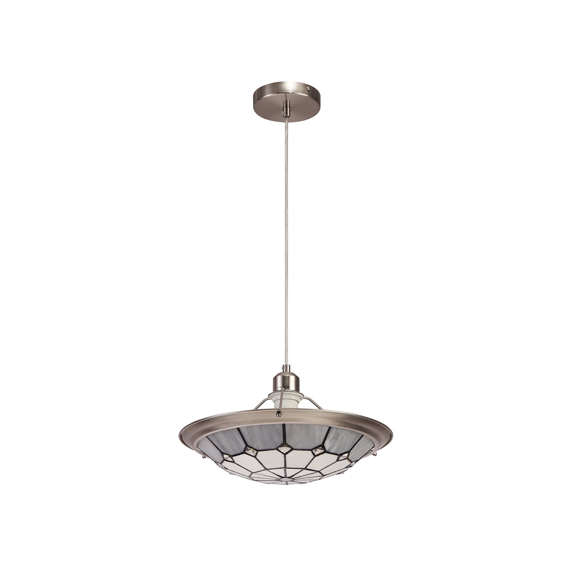 NLK00099 Archie 1 Light Pendant With 35cm Tiffany Shade CRome/Grey/Crystal Centre/Satin Nickel Brass Trim/Satin Nickel