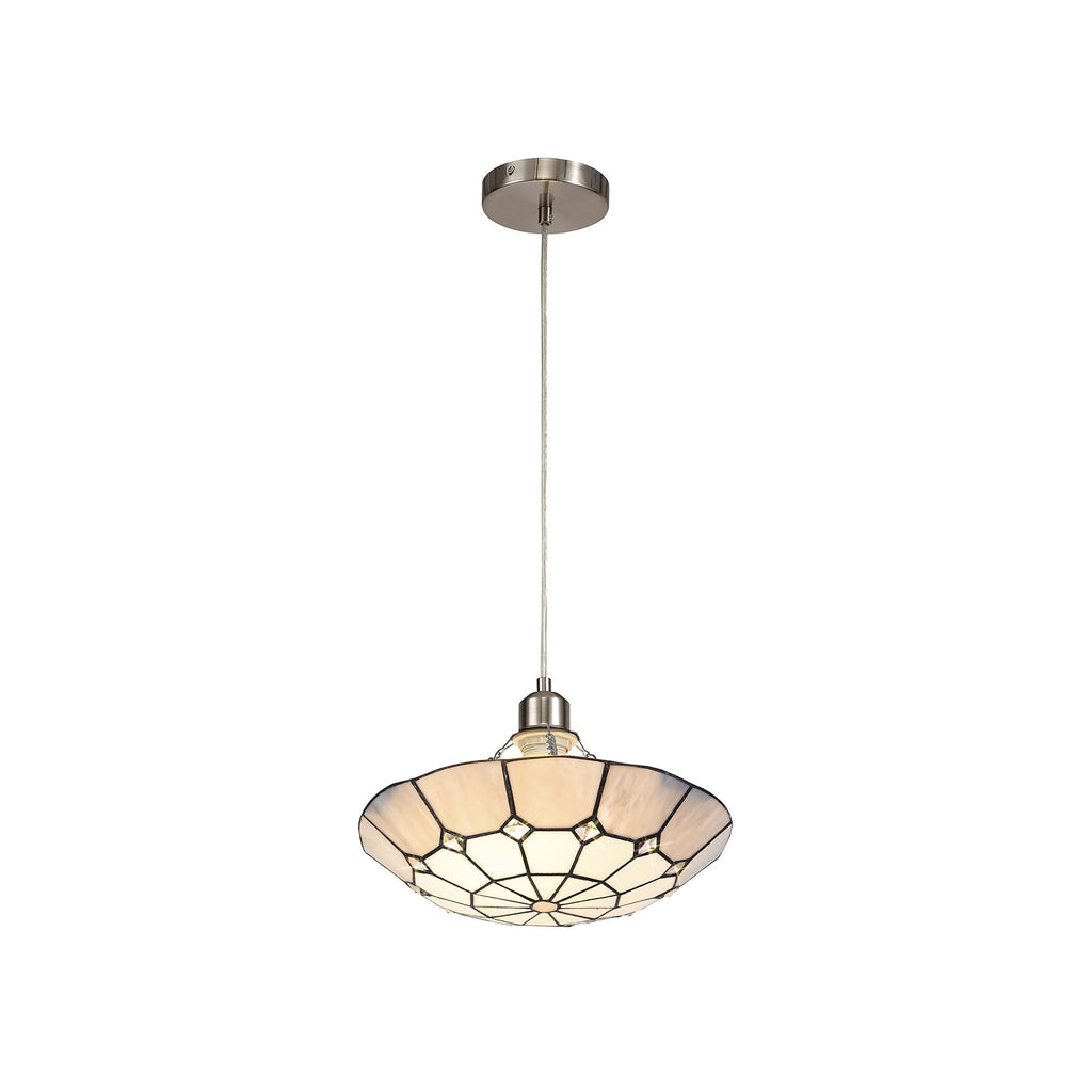 NLK00099 Archie 1 Light Pendant With 35cm Tiffany Shade CRome/Grey/Crystal Centre/Satin Nickel Brass Trim/Satin Nickel