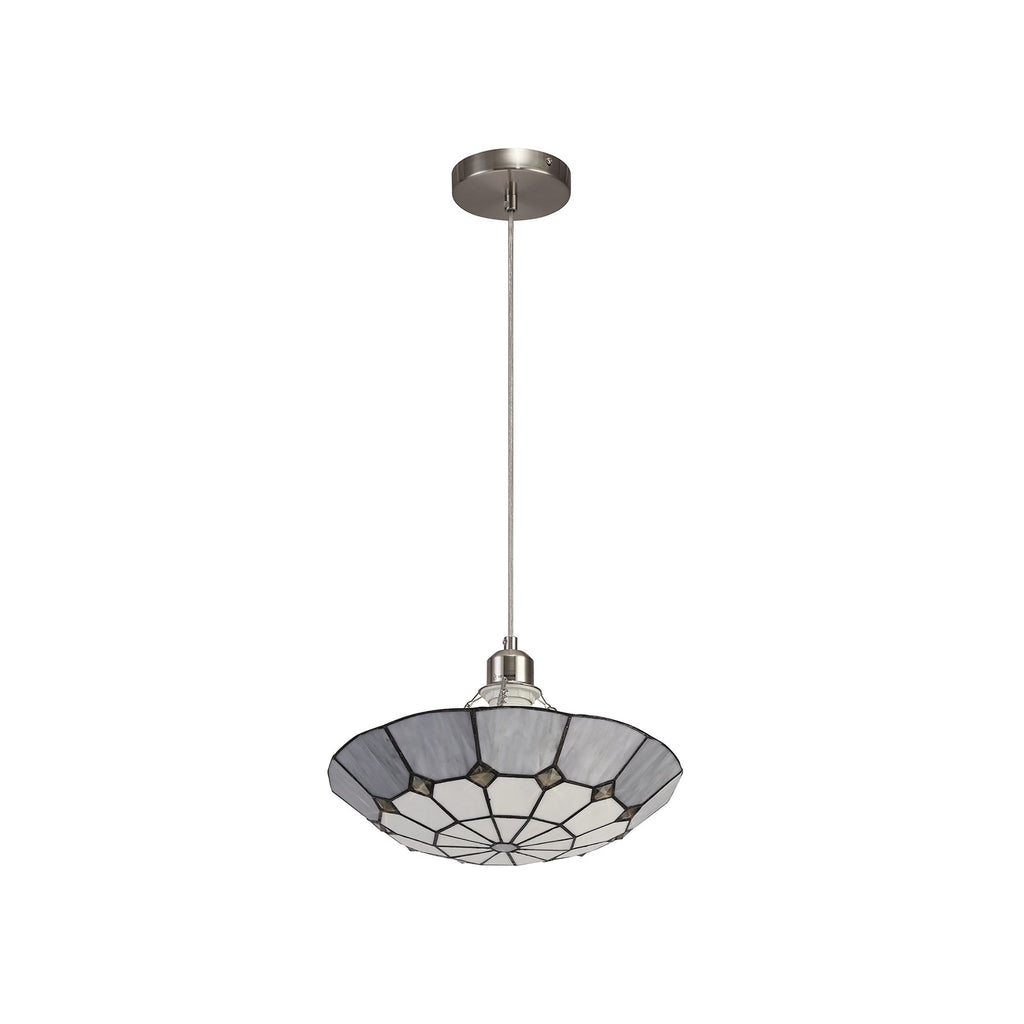 NLK00099 Archie 1 Light Pendant With 35cm Tiffany Shade CRome/Grey/Crystal Centre/Satin Nickel Brass Trim/Satin Nickel