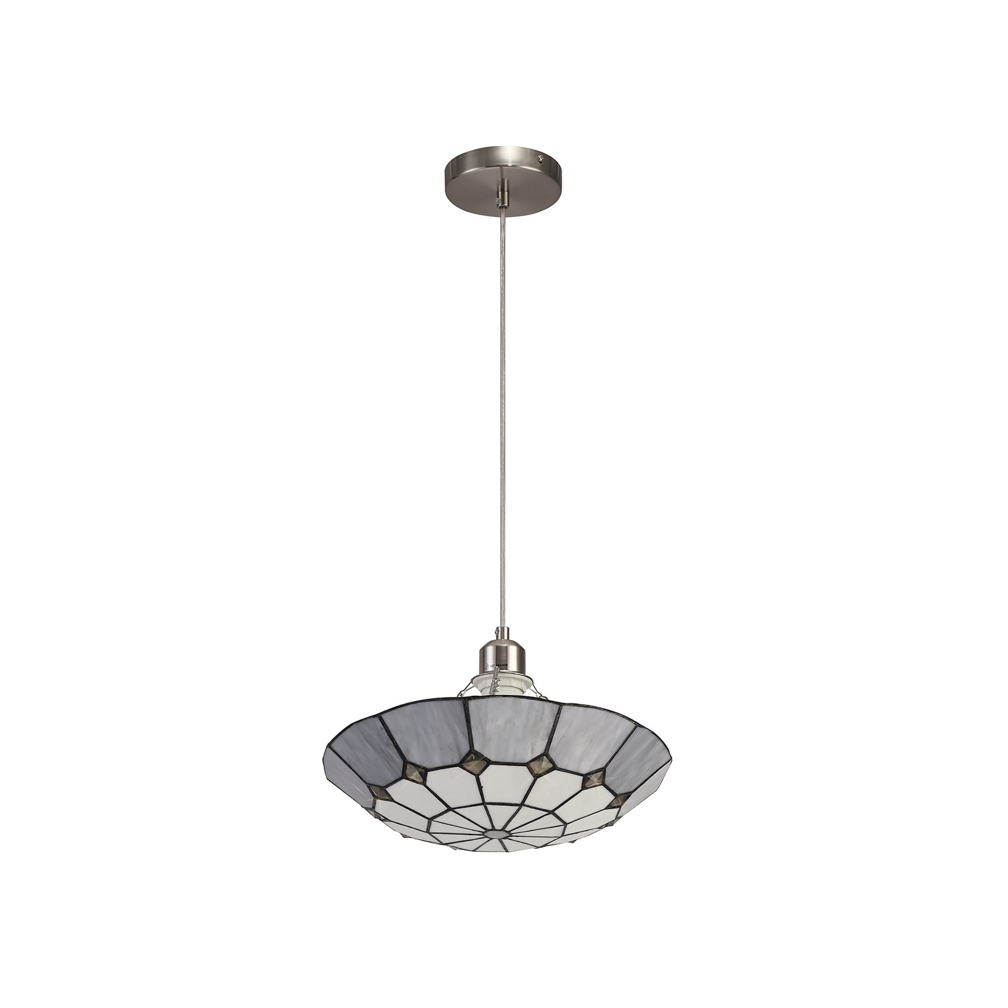 NLK00099 Archie 1 Light Pendant With 35cm Tiffany Shade CRome/Grey/Crystal Centre/Satin Nickel Brass Trim/Satin Nickel