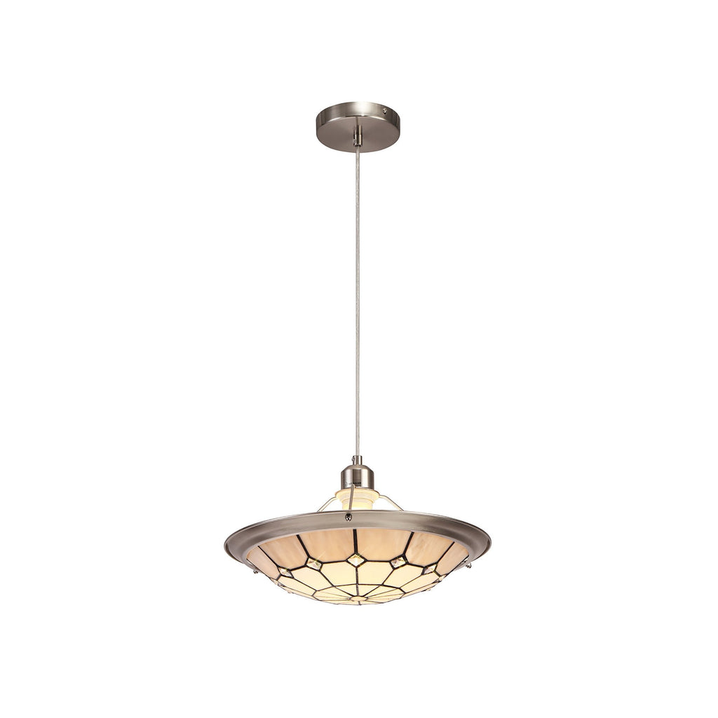 NLK00099 Archie 1 Light Pendant With 35cm Tiffany Shade CRome/Grey/Crystal Centre/Satin Nickel Brass Trim/Satin Nickel