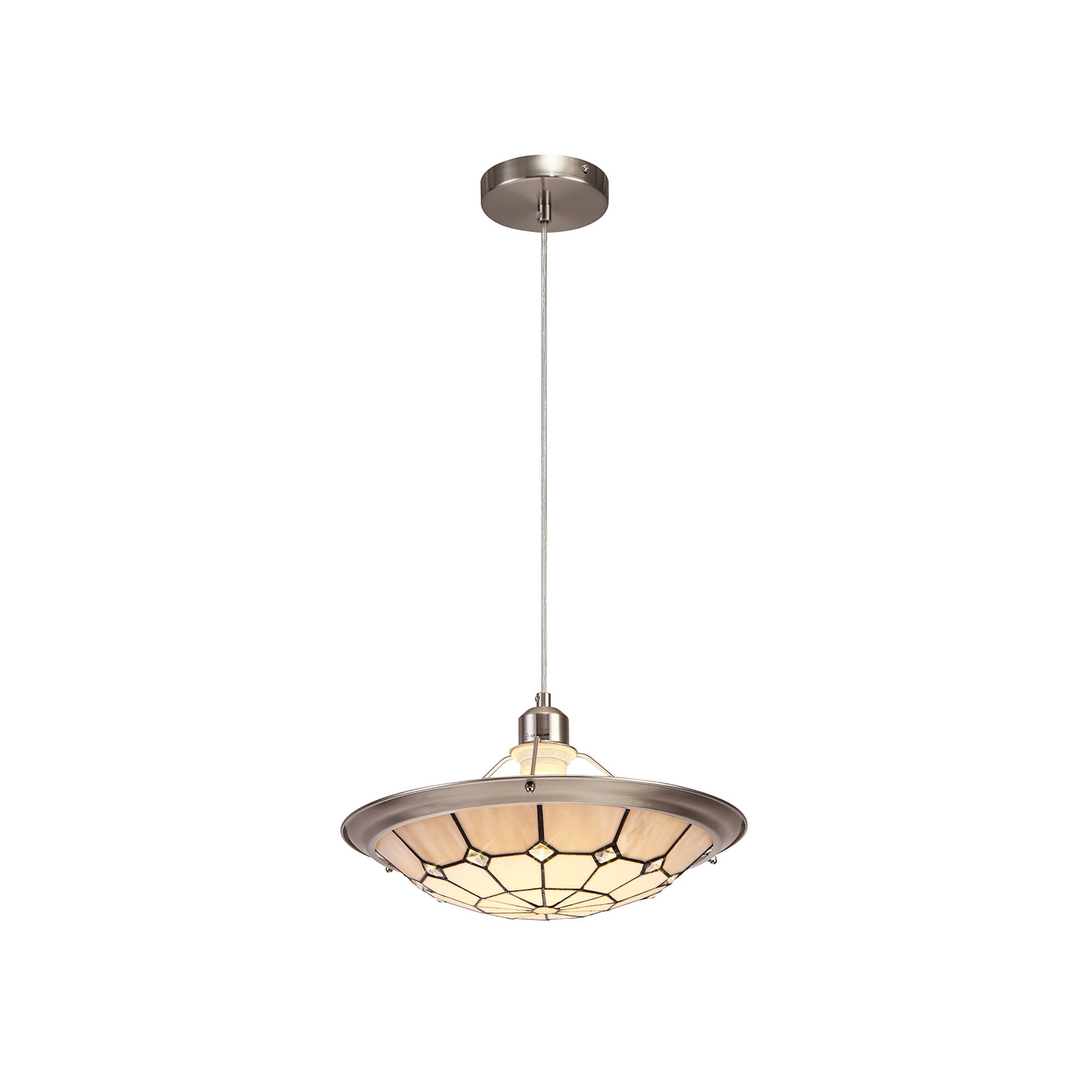 NLK00099 Archie 1 Light Pendant With 35cm Tiffany Shade CRome/Grey/Crystal Centre/Satin Nickel Brass Trim/Satin Nickel