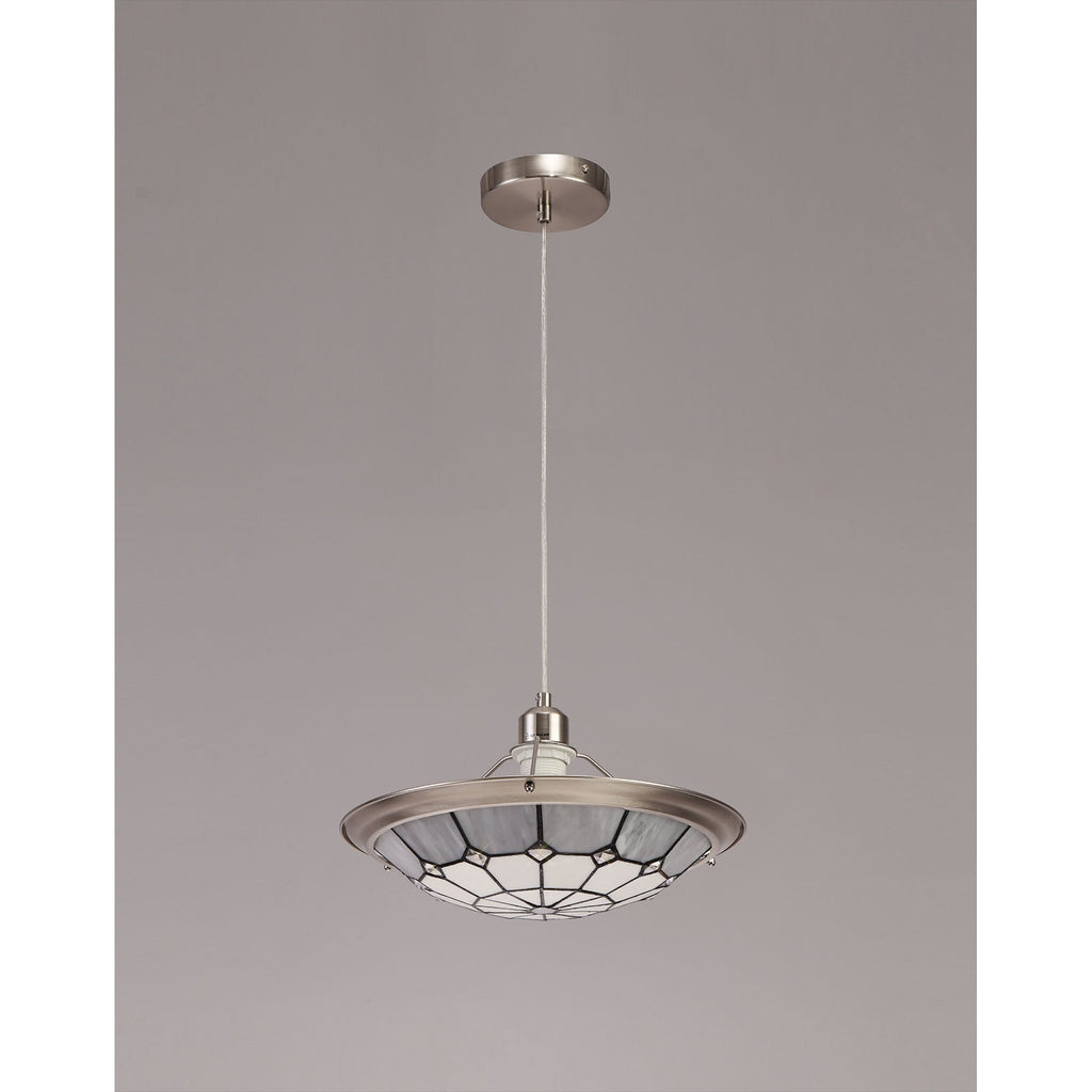 NLK00099 Archie 1 Light Pendant With 35cm Tiffany Shade CRome/Grey/Crystal Centre/Satin Nickel Brass Trim/Satin Nickel