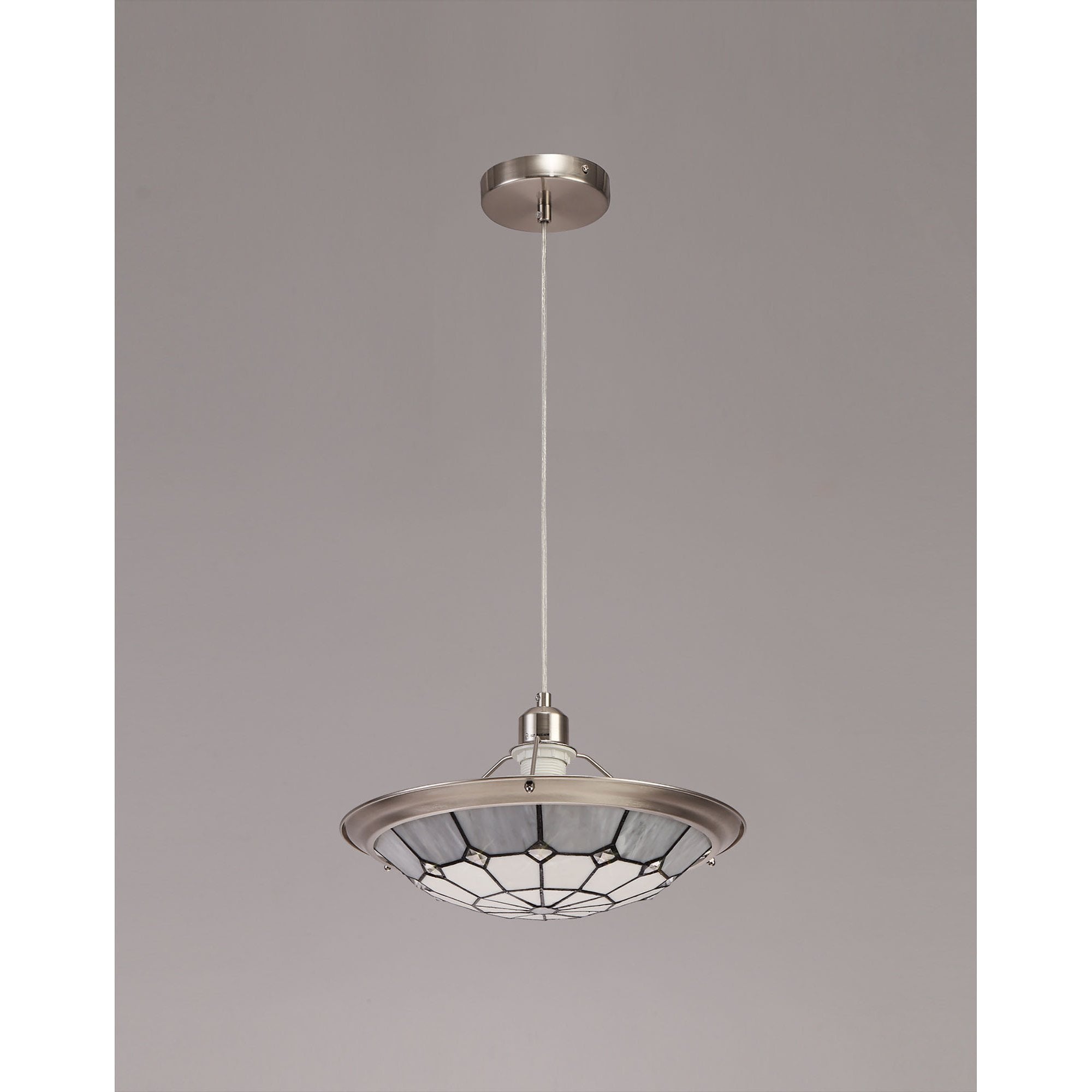 NLK00099 Archie 1 Light Pendant With 35cm Tiffany Shade CRome/Grey/Crystal Centre/Satin Nickel Brass Trim/Satin Nickel