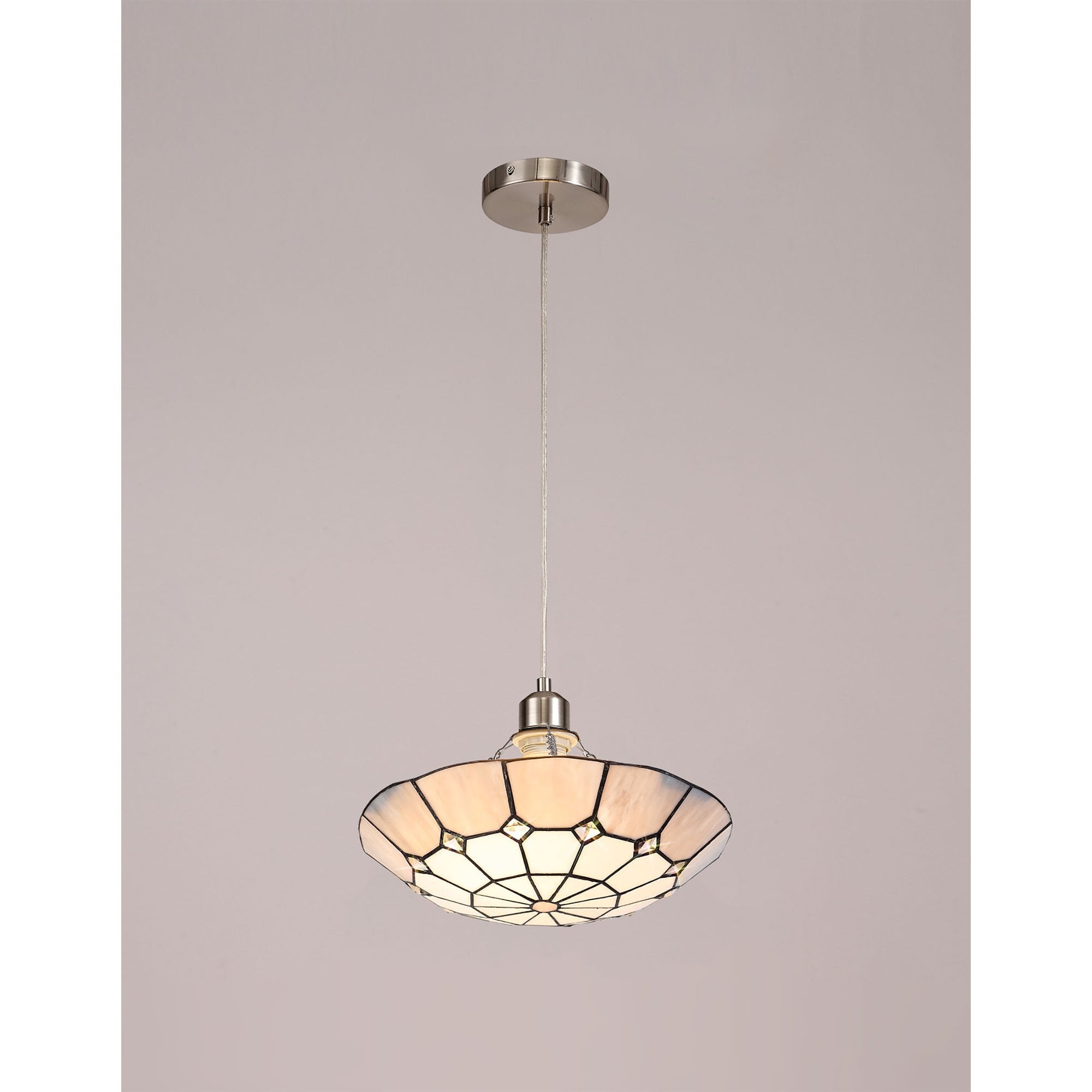 NLK00099 Archie 1 Light Pendant With 35cm Tiffany Shade CRome/Grey/Crystal Centre/Satin Nickel Brass Trim/Satin Nickel