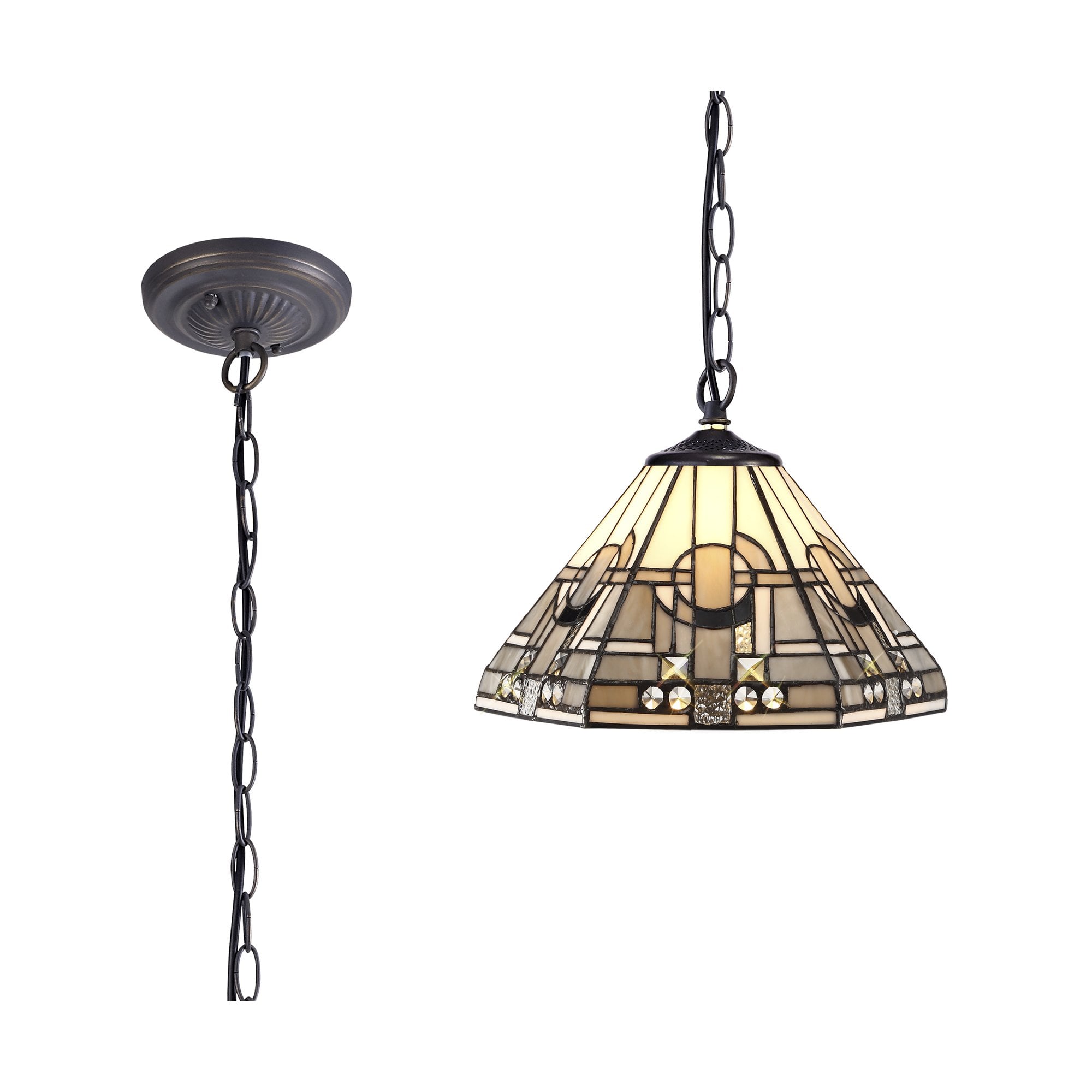 NLK00149 Azure 1 Light Down Lighter Pendant With 30cm Tiffany Shade White/Grey/Black/Clear Crystal/Aged Antique Brass