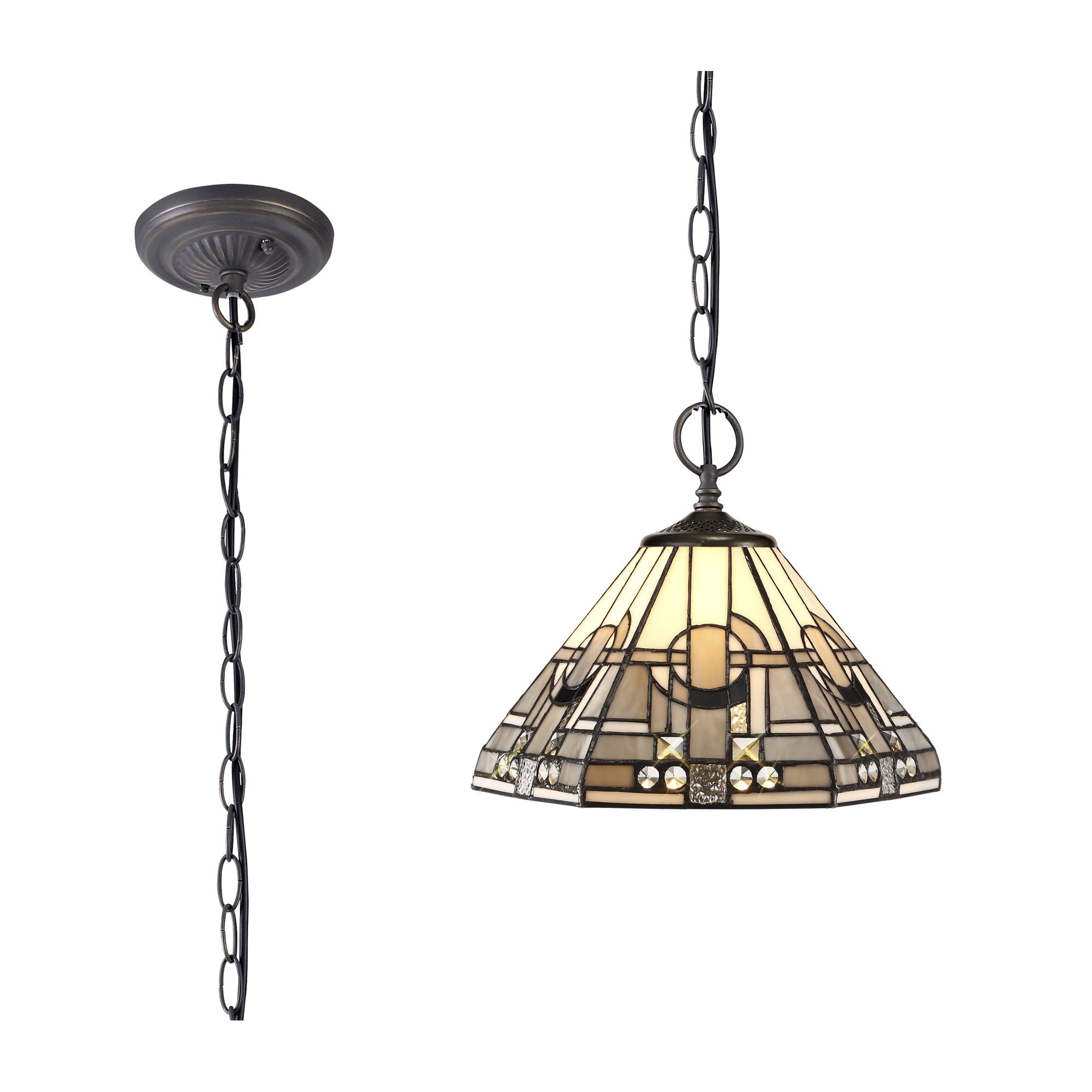 NLK00159 Azure 2 Light Down Lighter Pendant With 30cm Tiffany Shade White/Grey/Black/Clear Crystal/Aged Antique Brass