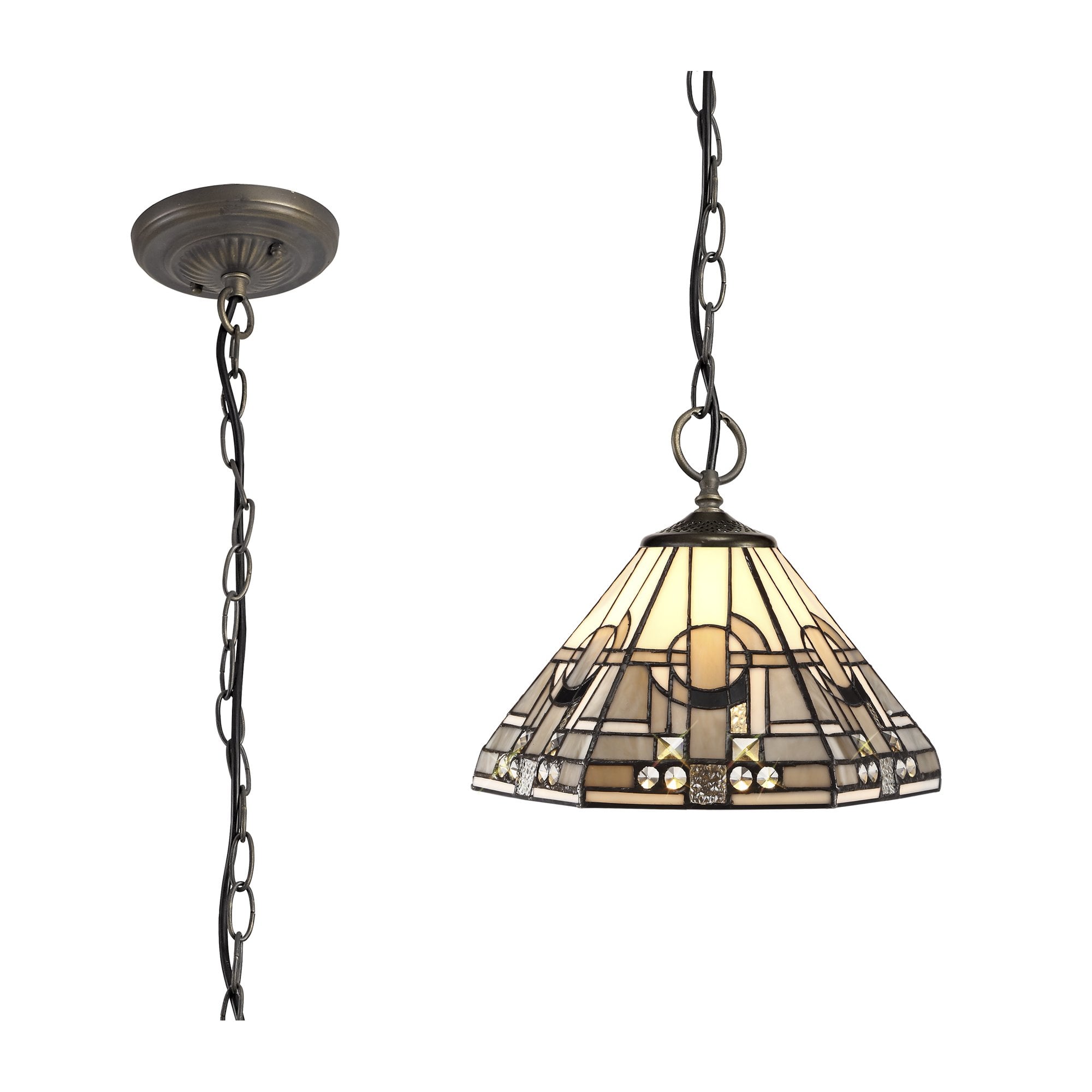 NLK00169 Azure 3 Light Down Lighter Pendant With 30cm Tiffany Shade White/Grey/Black/Clear Crystal/Aged Antique Brass