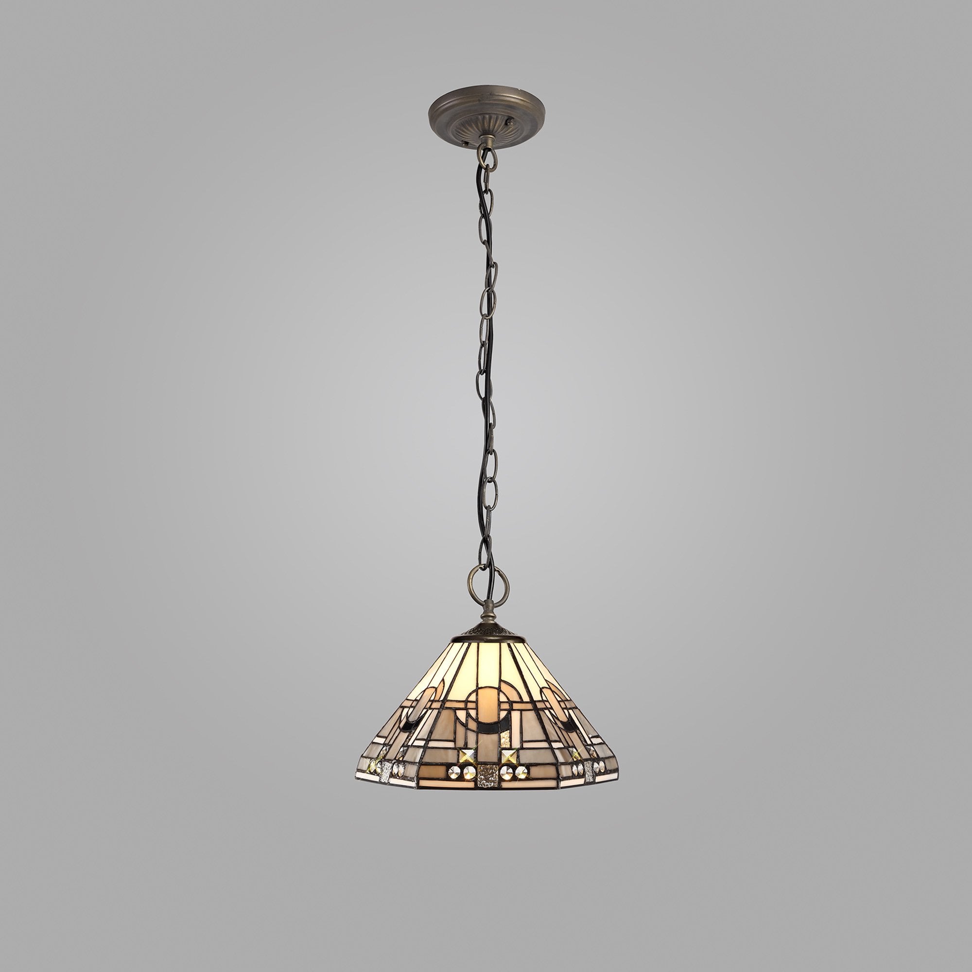 NLK00169 Azure 3 Light Down Lighter Pendant With 30cm Tiffany Shade White/Grey/Black/Clear Crystal/Aged Antique Brass