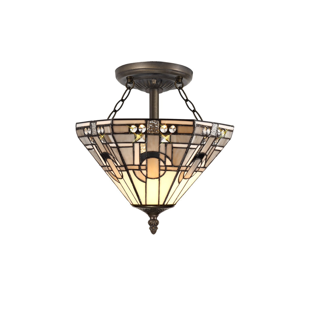 NLK00179 Azure 2 Light Semi Ceiling With Tiffany Shade 30cm Shade White/Grey/Black/Clear Crystal/Aged Antique Brass