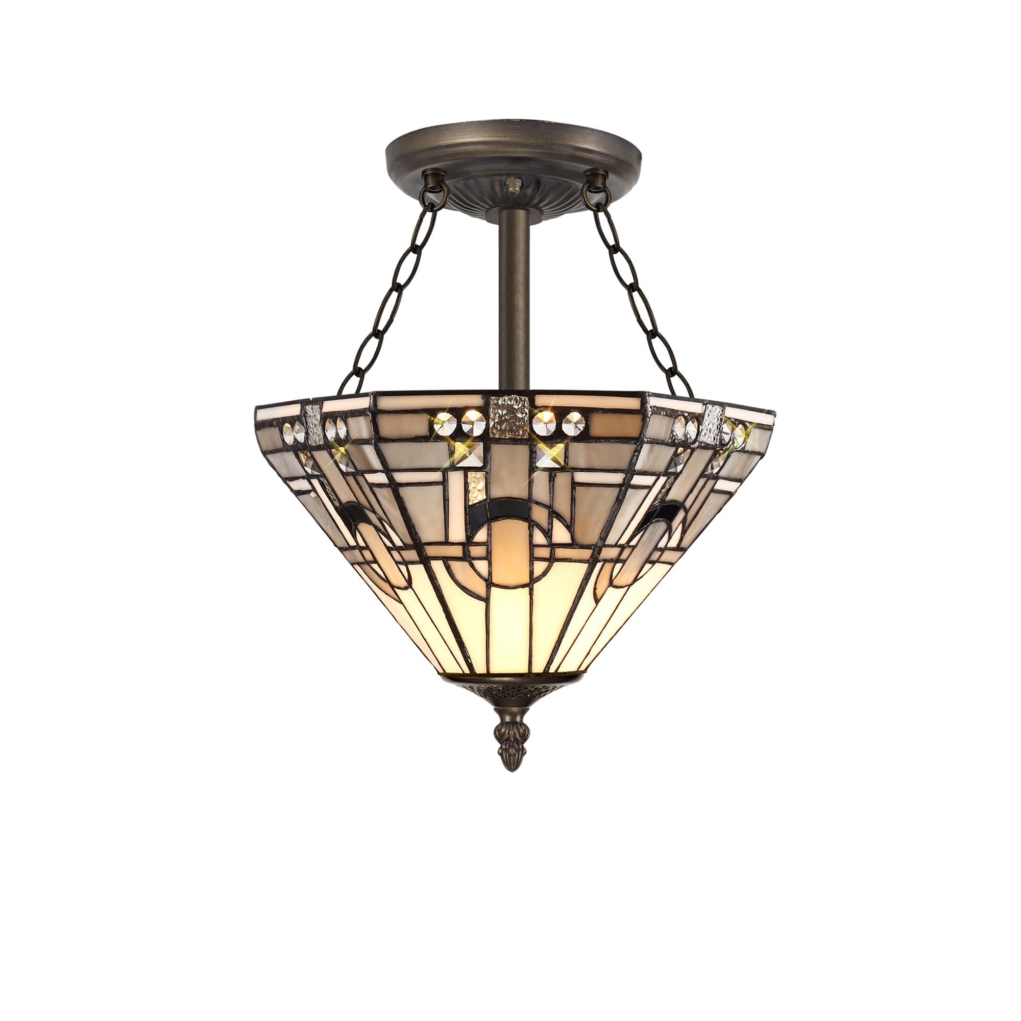 NLK00189 Azure 3 Light Semi Ceiling With Tiffany Shade 30cm Shade White/Grey/Black/Clear Crystal/Aged Antique Brass