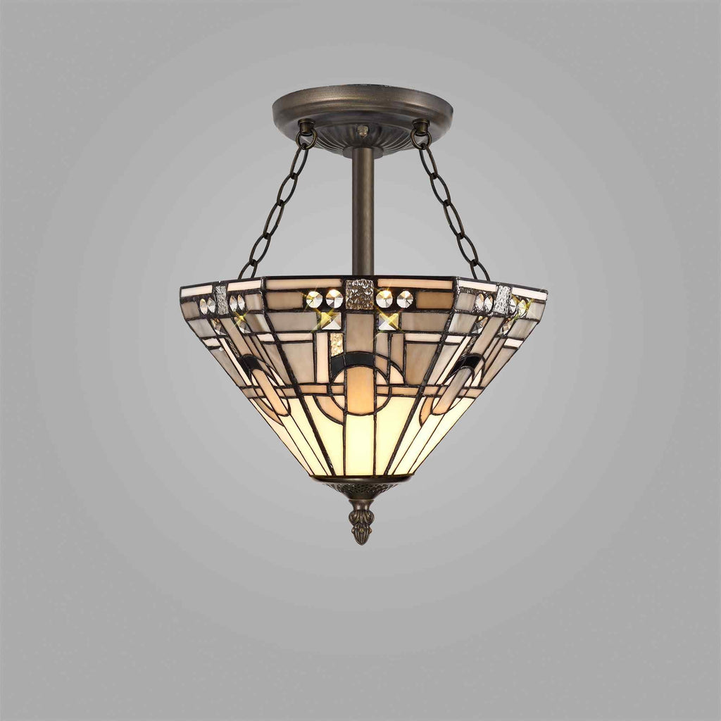 NLK00189 Azure 3 Light Semi Ceiling With Tiffany Shade 30cm Shade White/Grey/Black/Clear Crystal/Aged Antique Brass